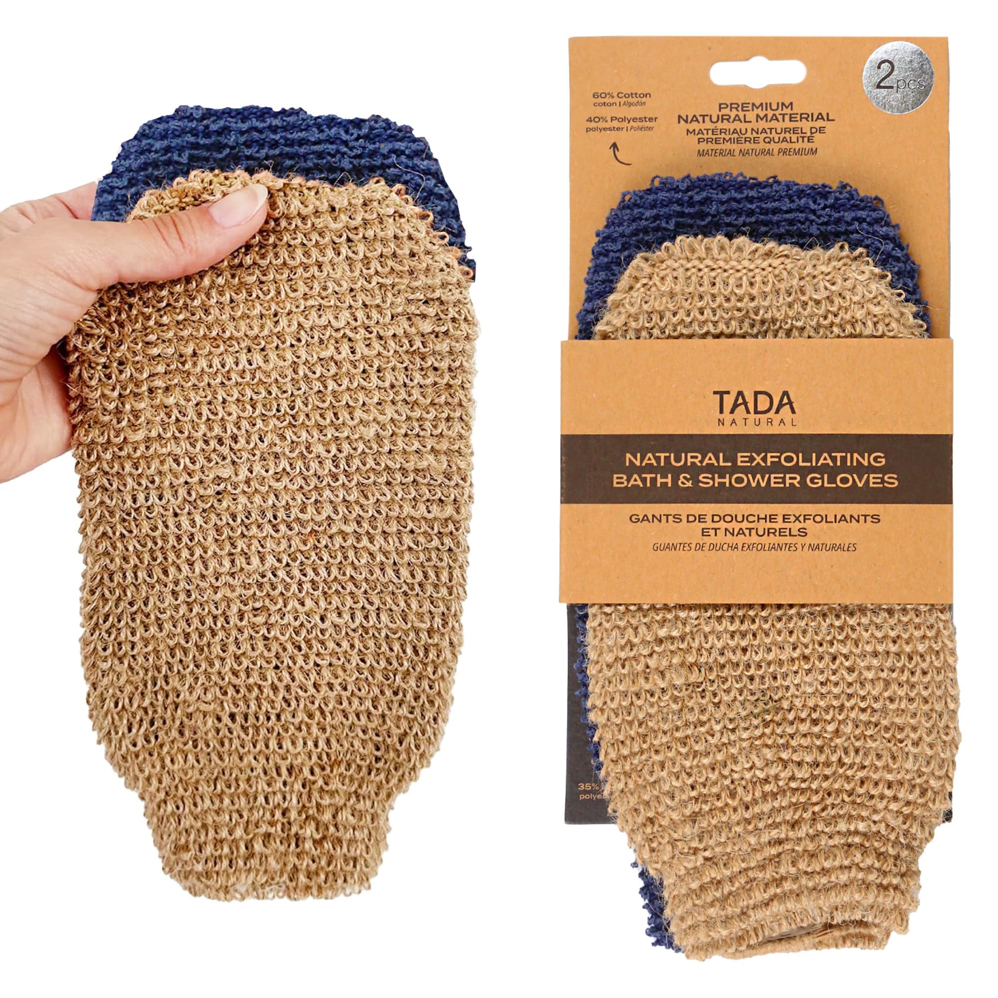TADA BEAUTY Exfoliating Gloves Shower, Body Scrubber, Body Massage and Body Scrubs for Bath and Shower (Brown & Navy)