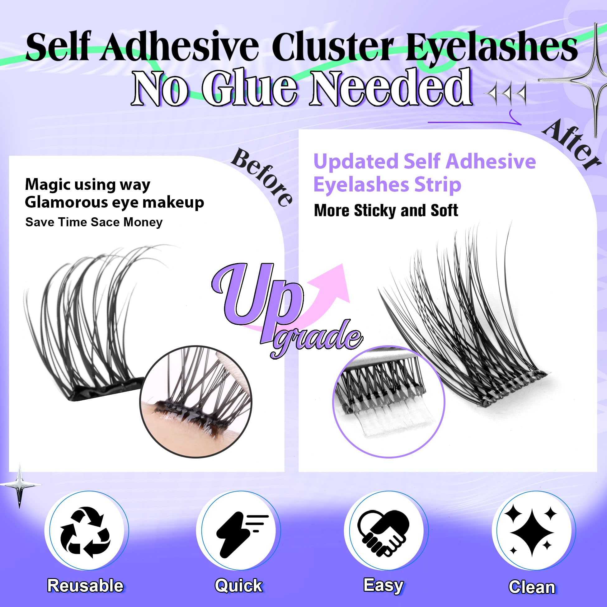 Wiwoseo Self Adhesive Lashes Clear Band Lashes Clusters No Glue Needed Self Adhesive Lash Clusters Pre Glued Eyelash Clusters Pr