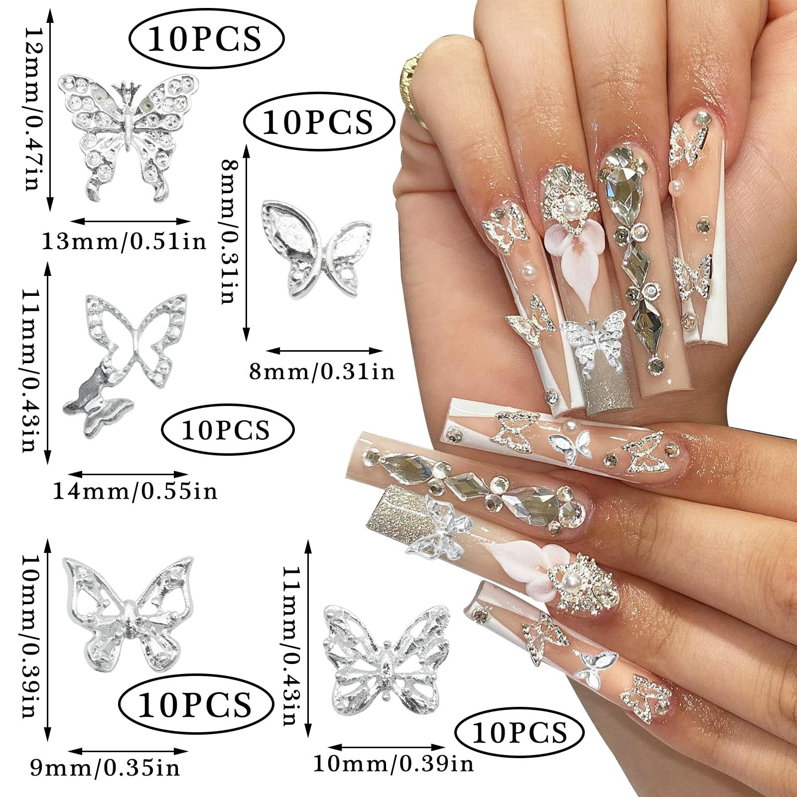 Rodaky 50Pcs Silver Butterfly Nail Charms 3D Butterflies Charms For Nails Metal Butterfly Nail Jewelry Shiny Nail Gems For Manic