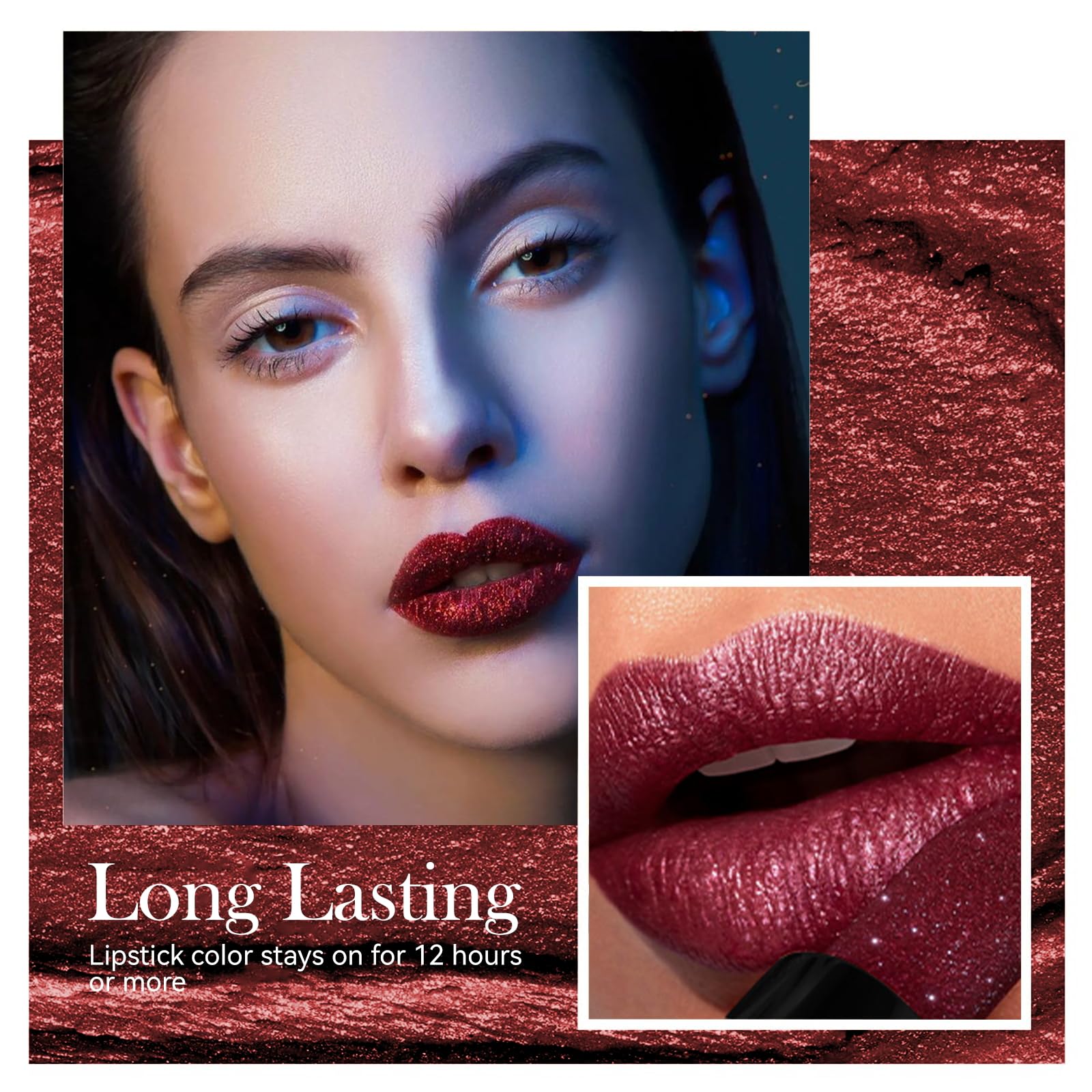 Diamond Lipstick Lip Gloss Long Lasting Waterproof Glitter Lipstick & Eyeshadow, High Shine Non-Stick Cup Matte Lipstick, Flash