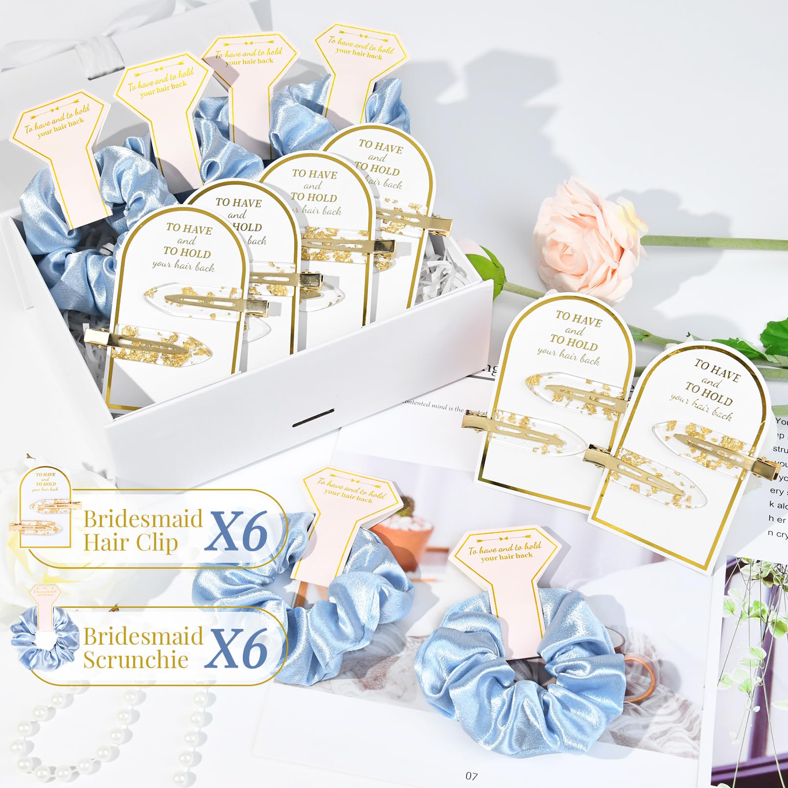 12 Pcs Silk Satin Soft Blue Hair Accessories - Bridesmaid Proposal Favors With Hair Clips, Scrunchies, And Bridal Shower Gifts F