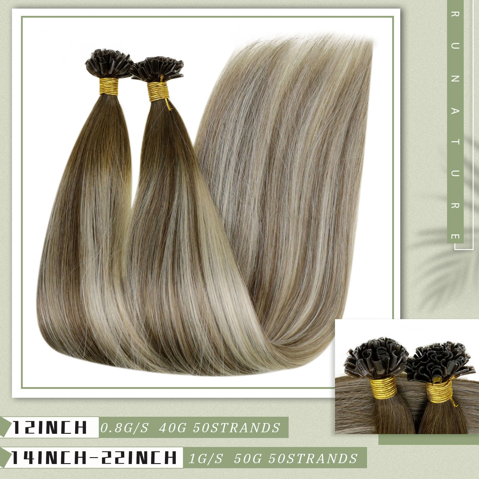 Runature Balayage U Tip Hair Extensions Real Human Hair 20 Inch Straight U Tip Human Hair Extensions Hot Fusion Ombre Walnut Bro