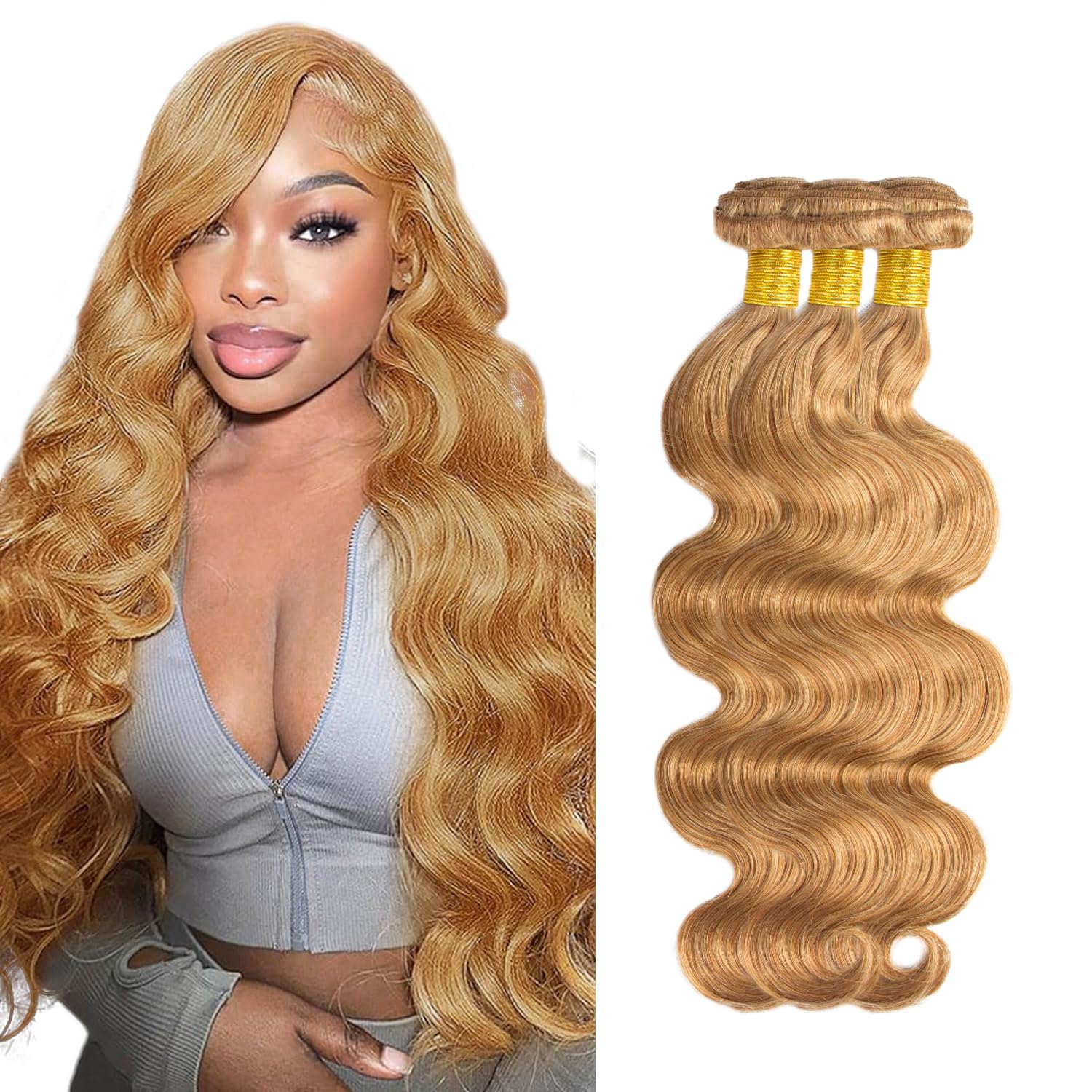 #27 Honey Blonde Human Hair Bundles Blonde Body Wave Bundles 16 18 20 Inch Blonde Body Wave Double Weft Human Hair Extensions 50