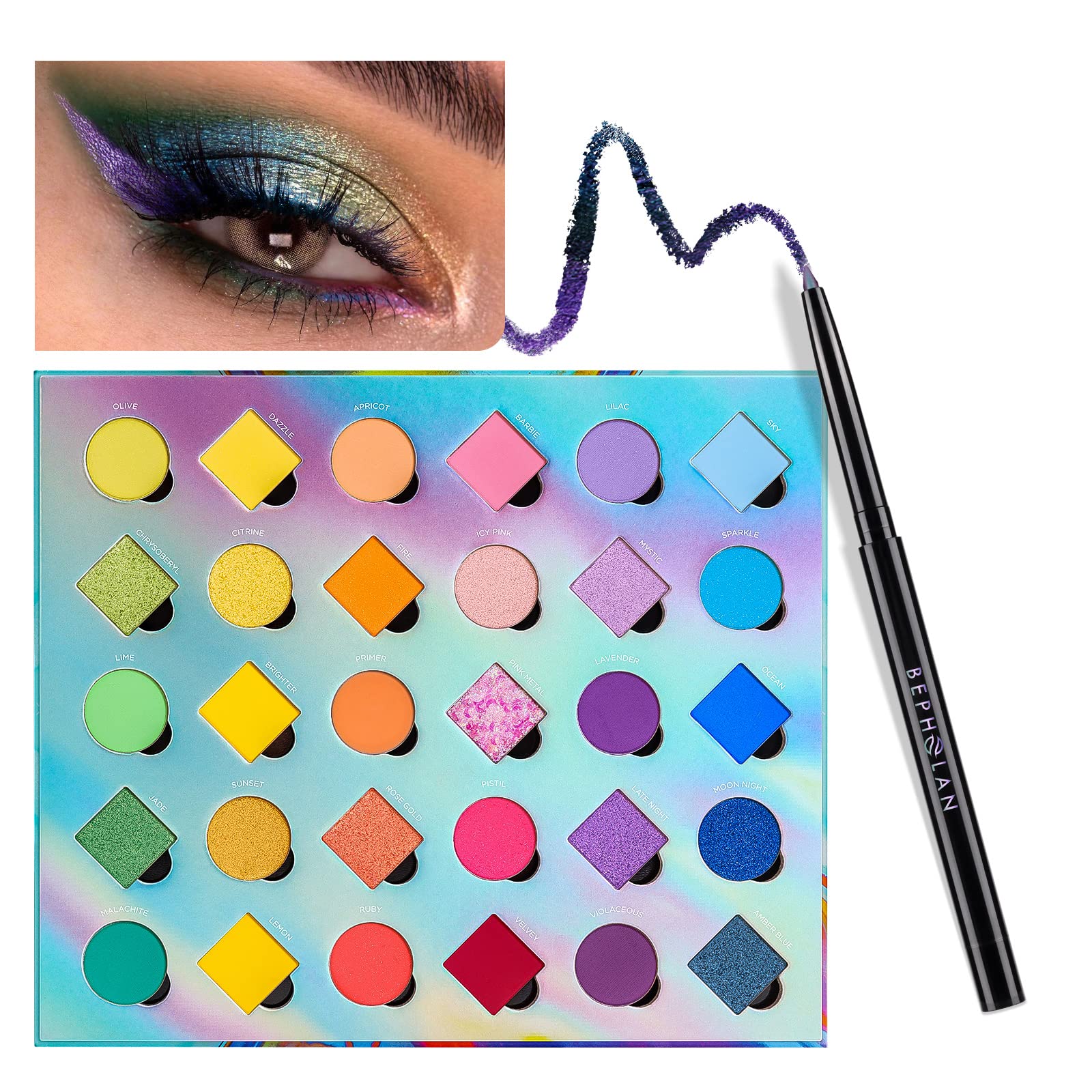 Bepholan Eyeliner Pencil And Eyeshadow Palette,Purple Eyeliner,Blue Purple Shifting Colors Glitter Waterproof Eyeliner,24H Long-