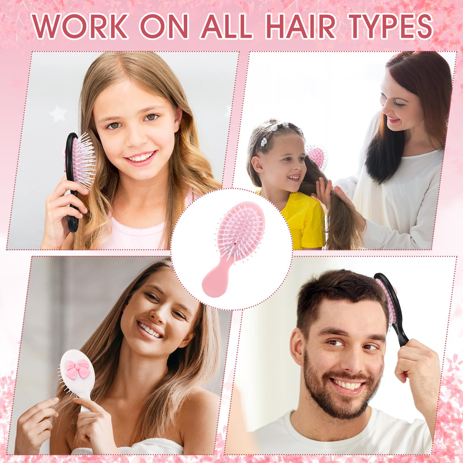 Meanplan 6 Pcs Mini Hair Brush with Bow Travel Detangling Brush Bulk Pink Coquette Small Hairbrush for Dry and Wet Hair Women