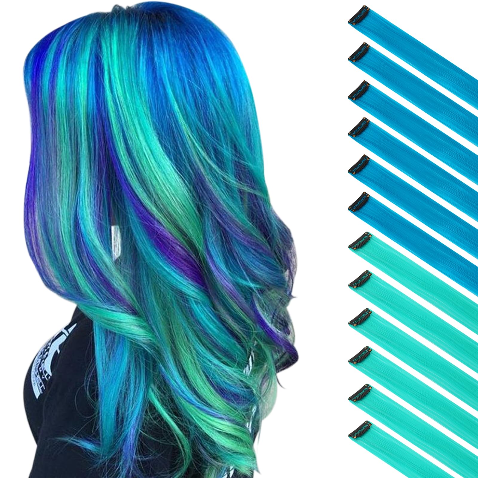 FESHFEN Colored Hair Extension, 12 PCS Teal Blue and Royal Blue Clip in Hair Extension Highlight Colorful Straight Synthetic Hai
