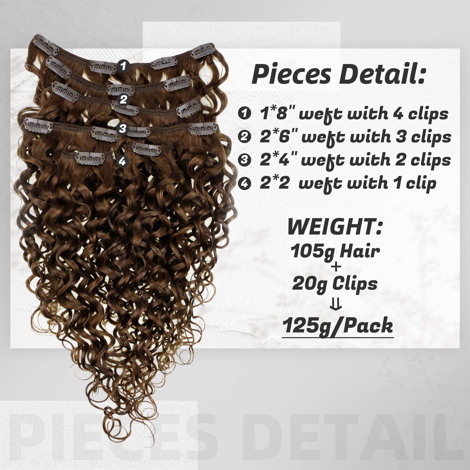 Hetto 14'' Clip in Extensions Wavy Human Hair Natural Curly Clip in Hair Extensions 7Pcs 105+20g #4 Dark Brown Hair Extensions C