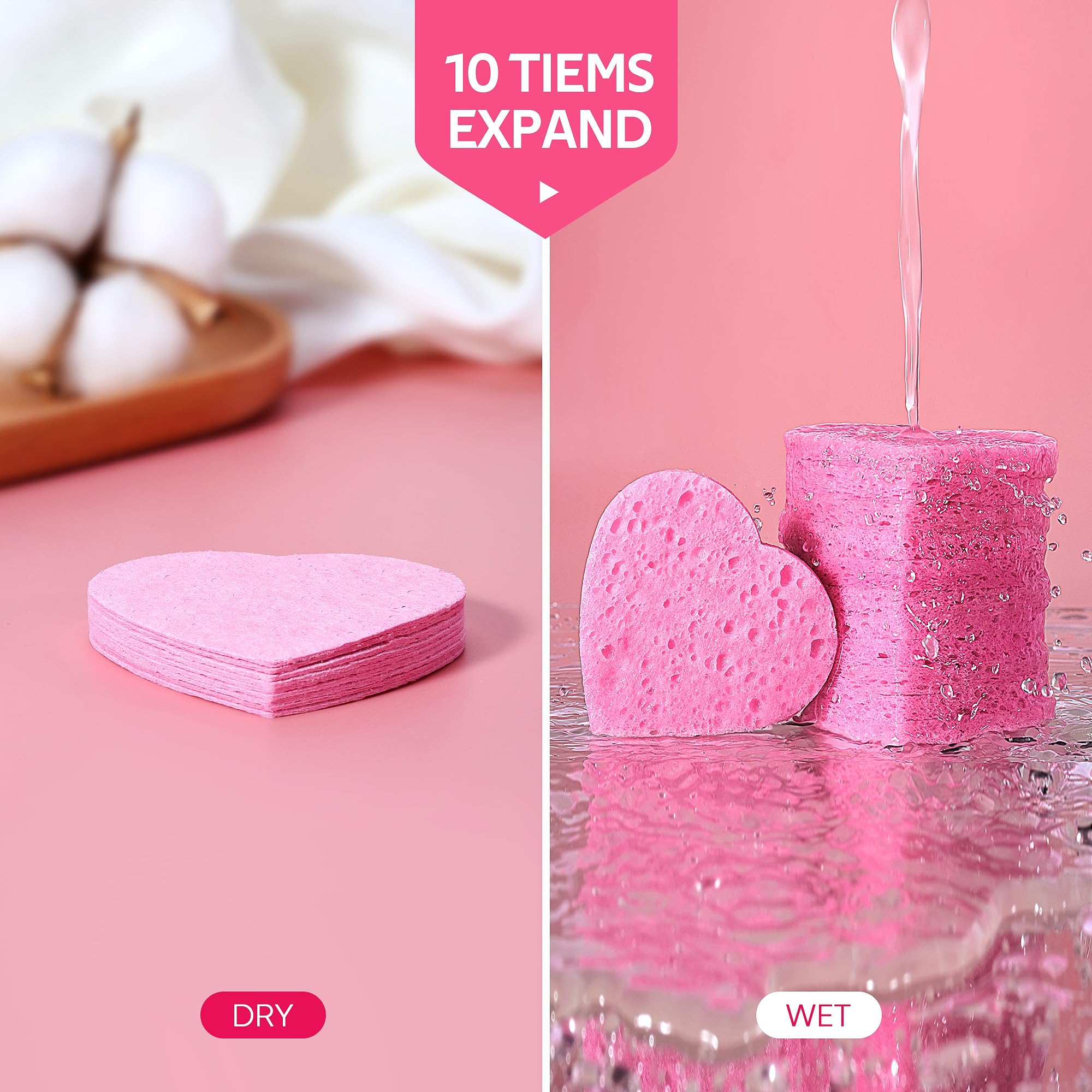 Gainwell 50-Count Heart Shape Compressed Facial Sponges For Daily Facial Cleansing And Exfoliating, 100% Natural Cosmetic Spa Sp