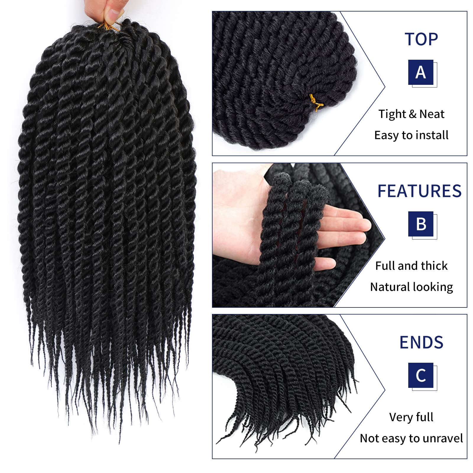 Havana Twist Crochet Hair 6 Packs 14 Inch Crochet Braids Senegalese Twist Crochet Hair Jumbo Havana Twist Crochet Braids(1B)