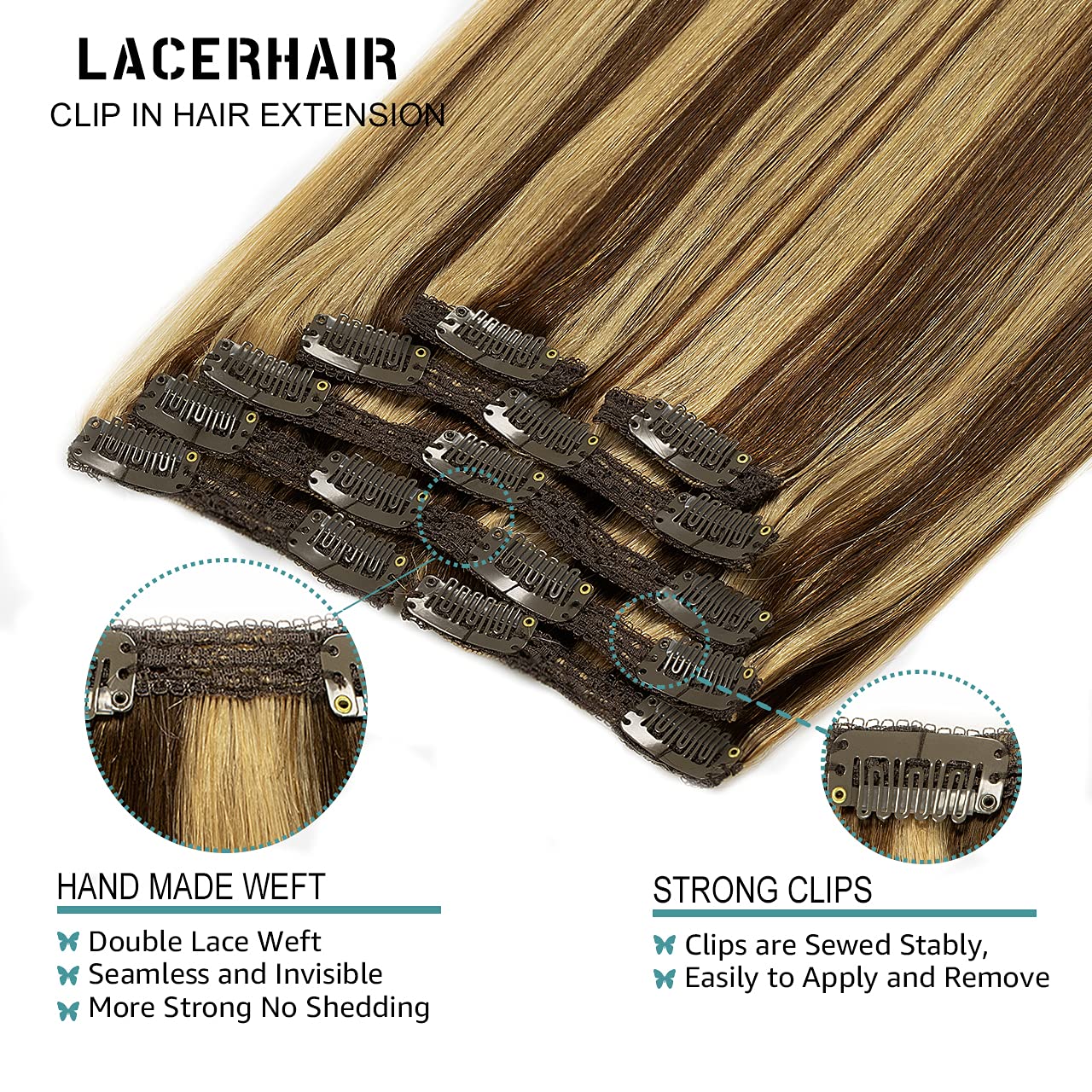 Lacerhair Real Human Hair Clip in Extensions 18 Inch Chocolate Brown Lowlight Light Golden Brown P#4/12 Salon Quality Remy Hair