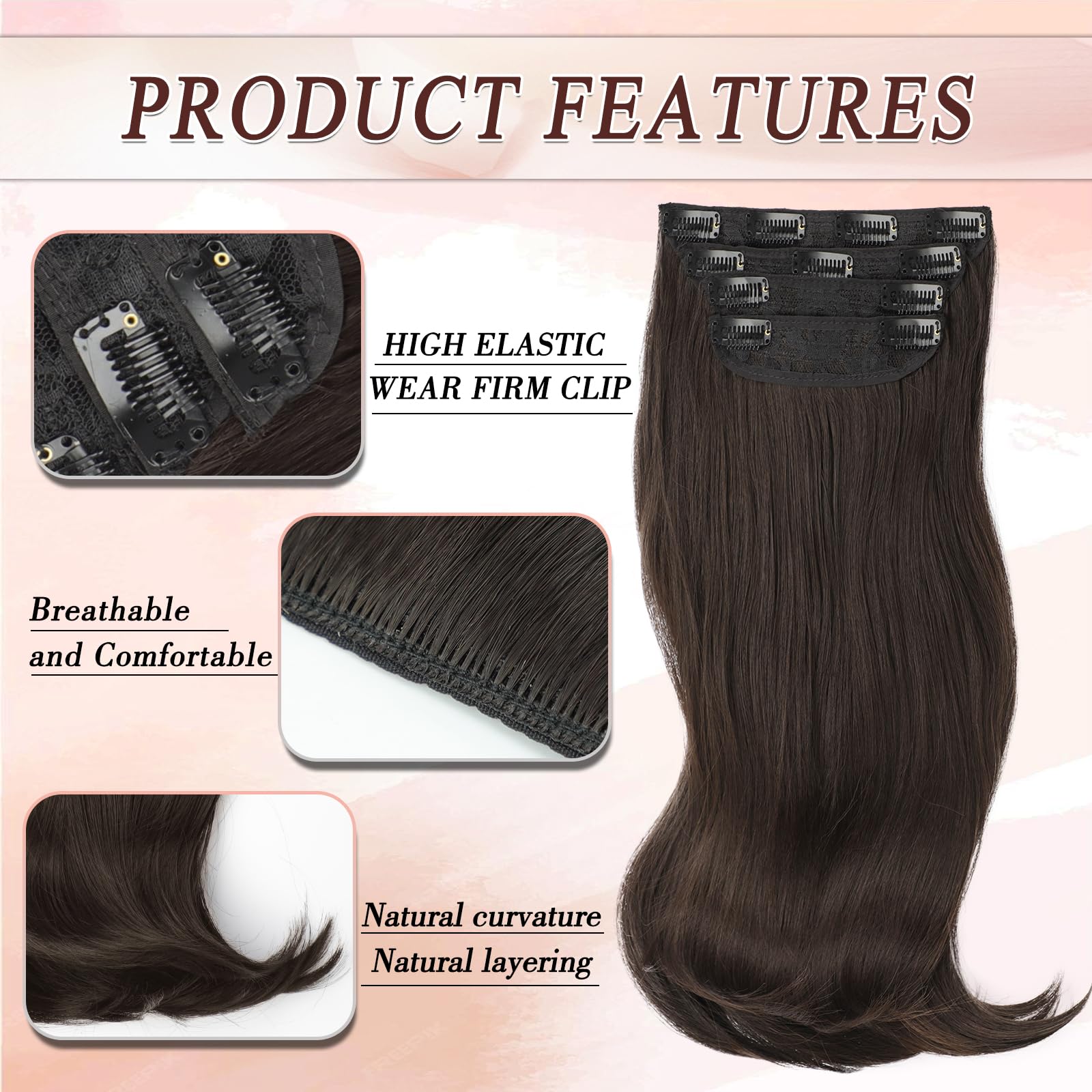 Freemeige Dark Brown Hair Extensions Long Straight Hair Extension Clip In Hair Extension For Women Daily Use 20 Inch