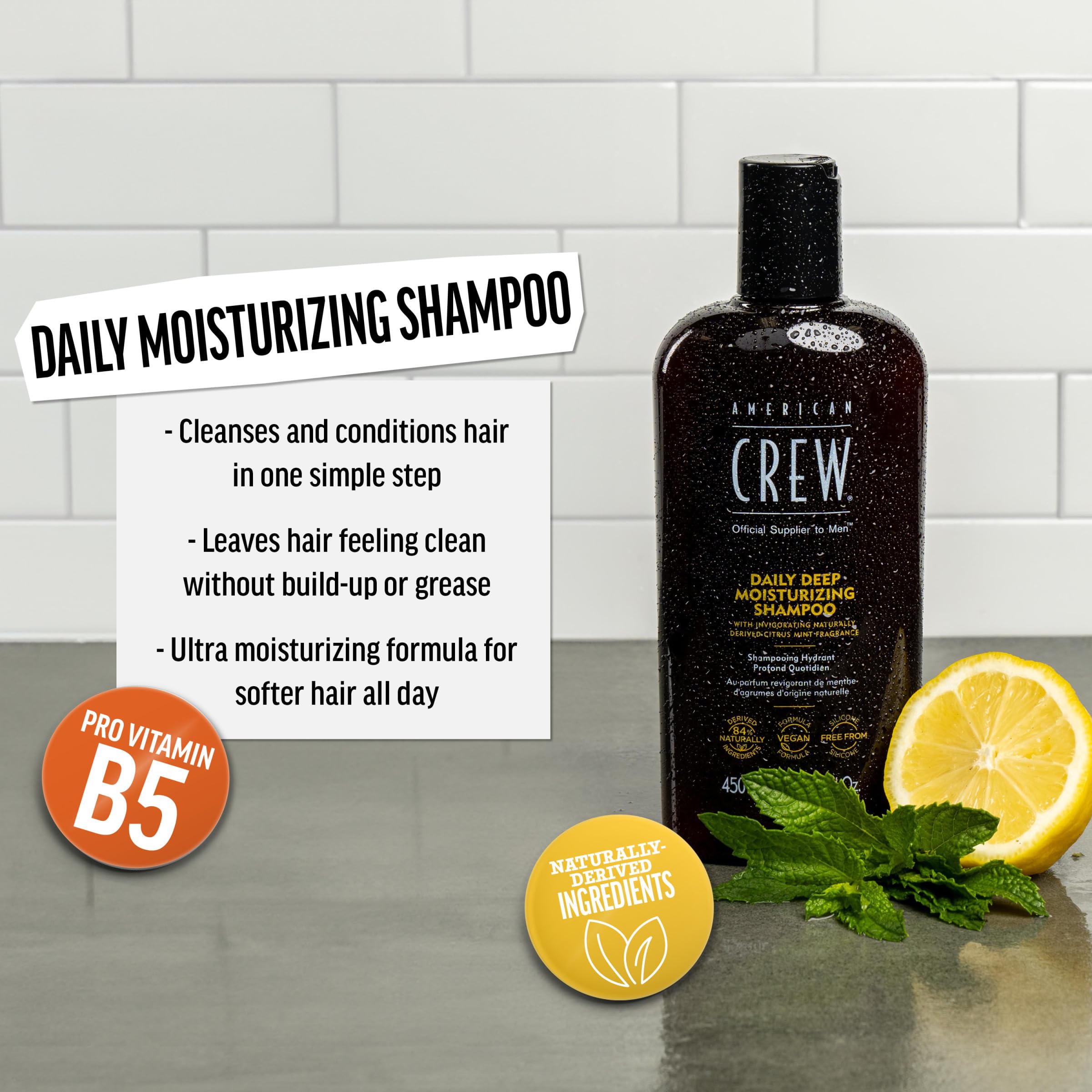 American Crew Shampoo For Men, Daily Deep Moisturizer, Naturally Derived, Vegan Formula, Citrus Mint Fragrance, 15.2 Fl Oz