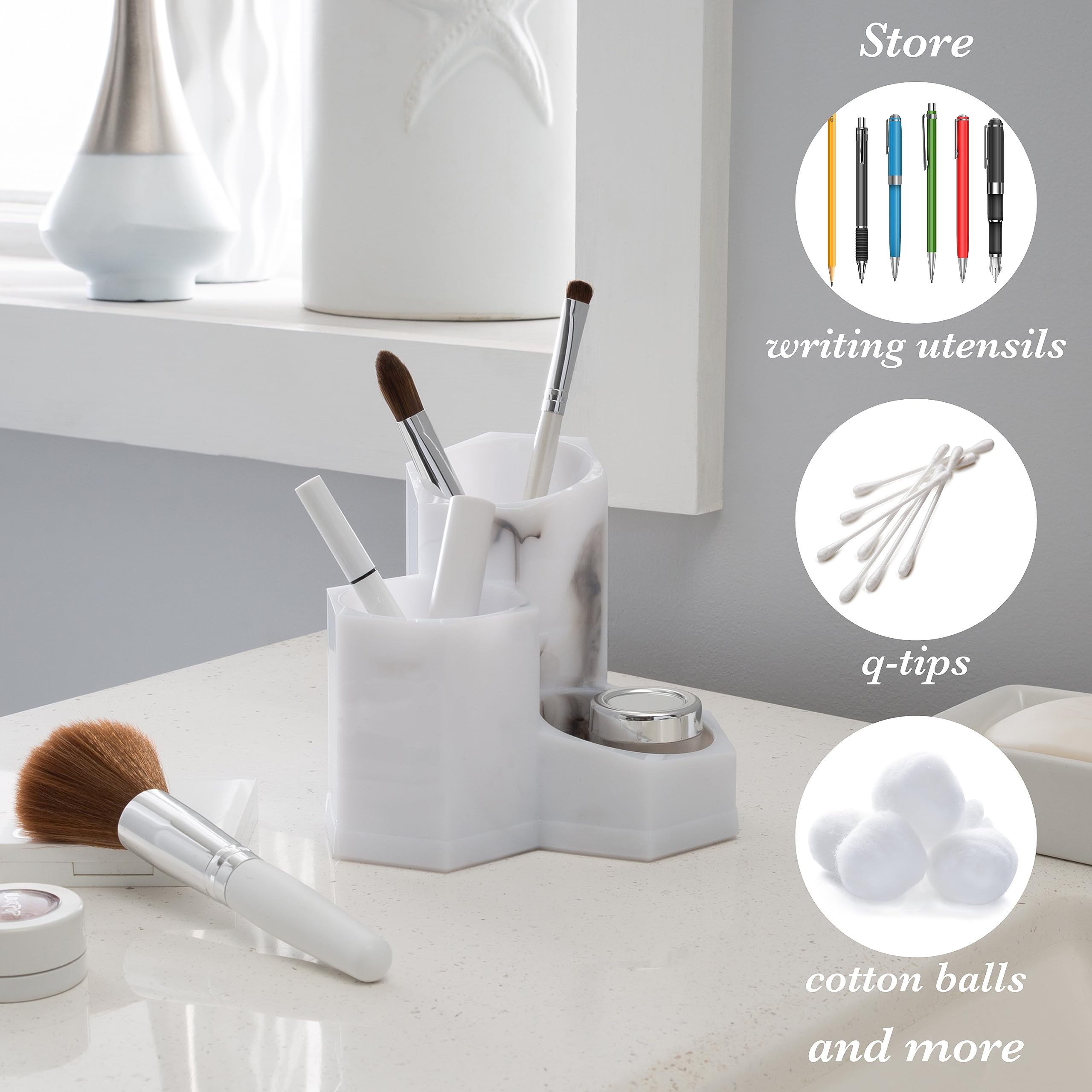 Simplify 3 Compartment Pencil Brush Holder | Dimensions: 5.24'' X 5.24'' X 4.72'' | Great For Bathroom | Vanity | Dresser | 3 Se