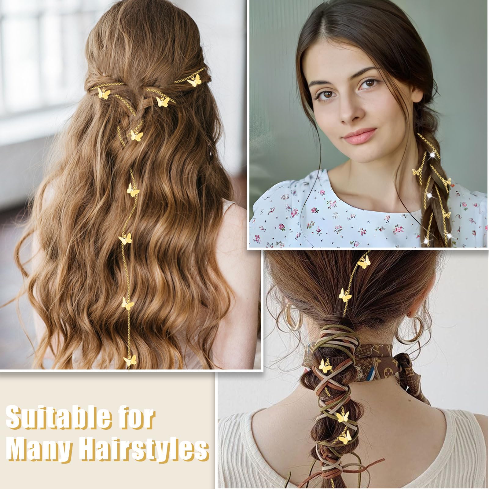 Dexspoeny 4Pcs Butterflies Hair Braided Chain, Rhinestones Hair Jewelry, Butterflies Hair Clips, Tassel Hair Accessories For Gir