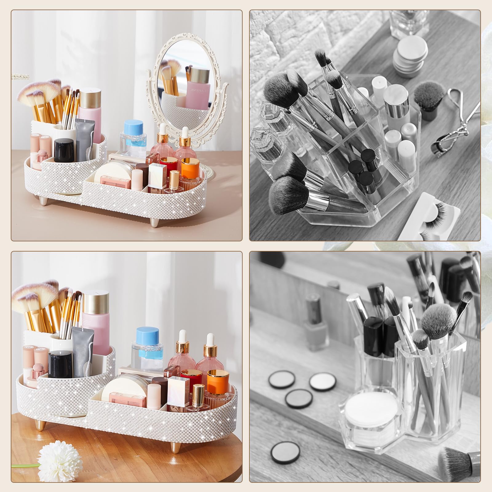 Resholder Teen Girls Women Gift Bling Makeup Organizer Large Girly Bathroom Organizer 360 Rotating Rhinestone Diamond Skin Care