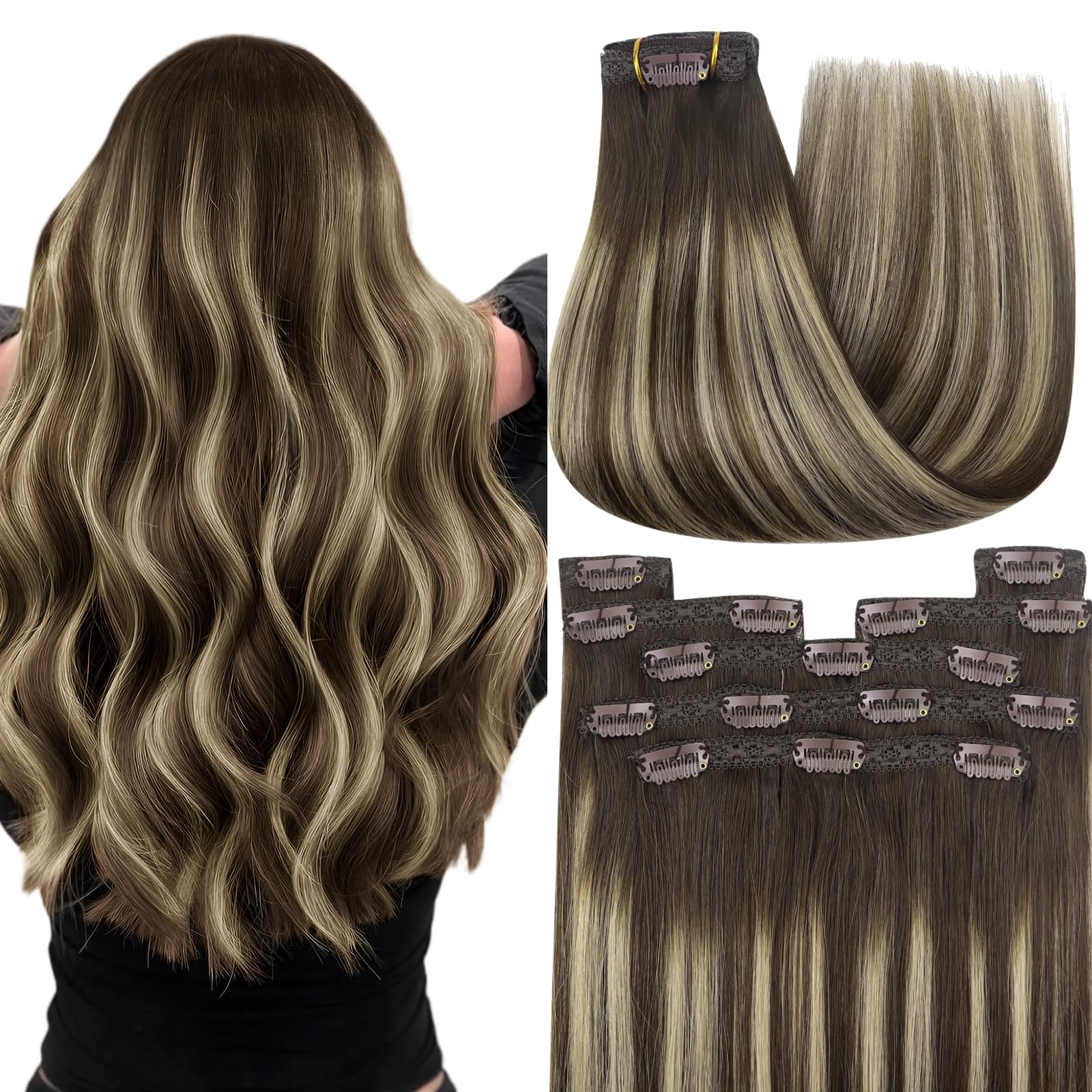 YoungSee Clip in Hair Extensions Real Human Hair Balayage Clip in Real Hair Extensions Chocolate Brown with Ash Blonde Balayage 