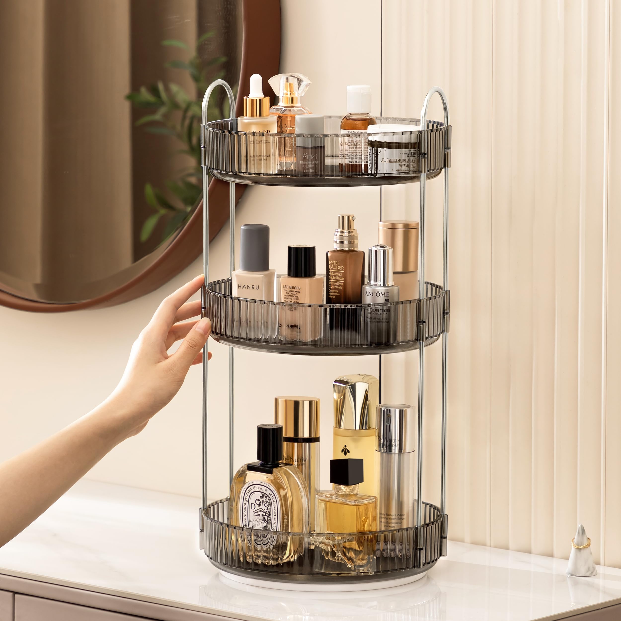Vorey 360 Rotating Makeup Organizer Clear Gray 3 Tier Bathroom Organizer Spinning Perfume Organizers, Skincare Organizers Dresse