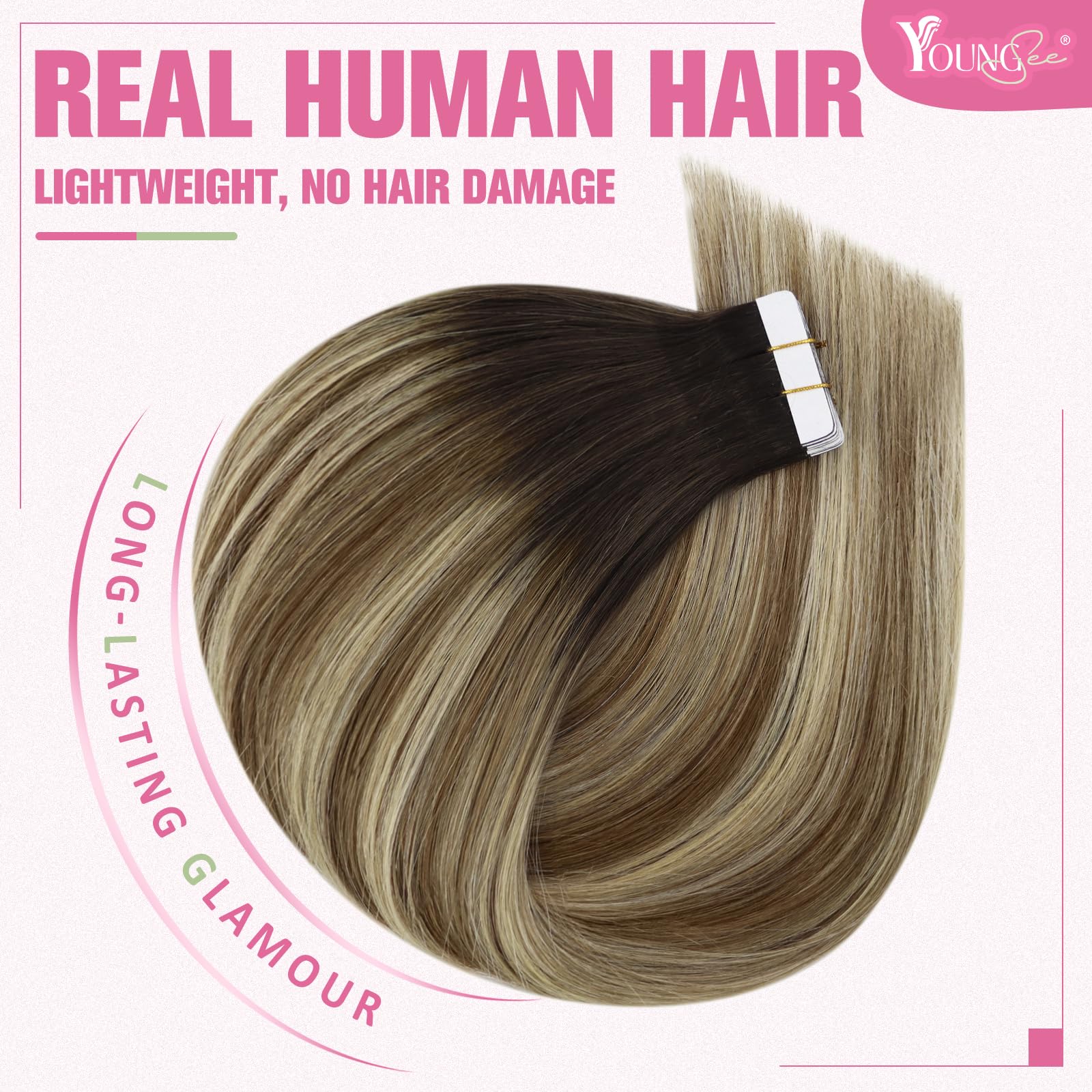 YoungSee Tape in Hair Extensions Real Human Hair Brown Balayage Tape in Hair Extensions Human Hair Dark Brown Ombre Blonde with