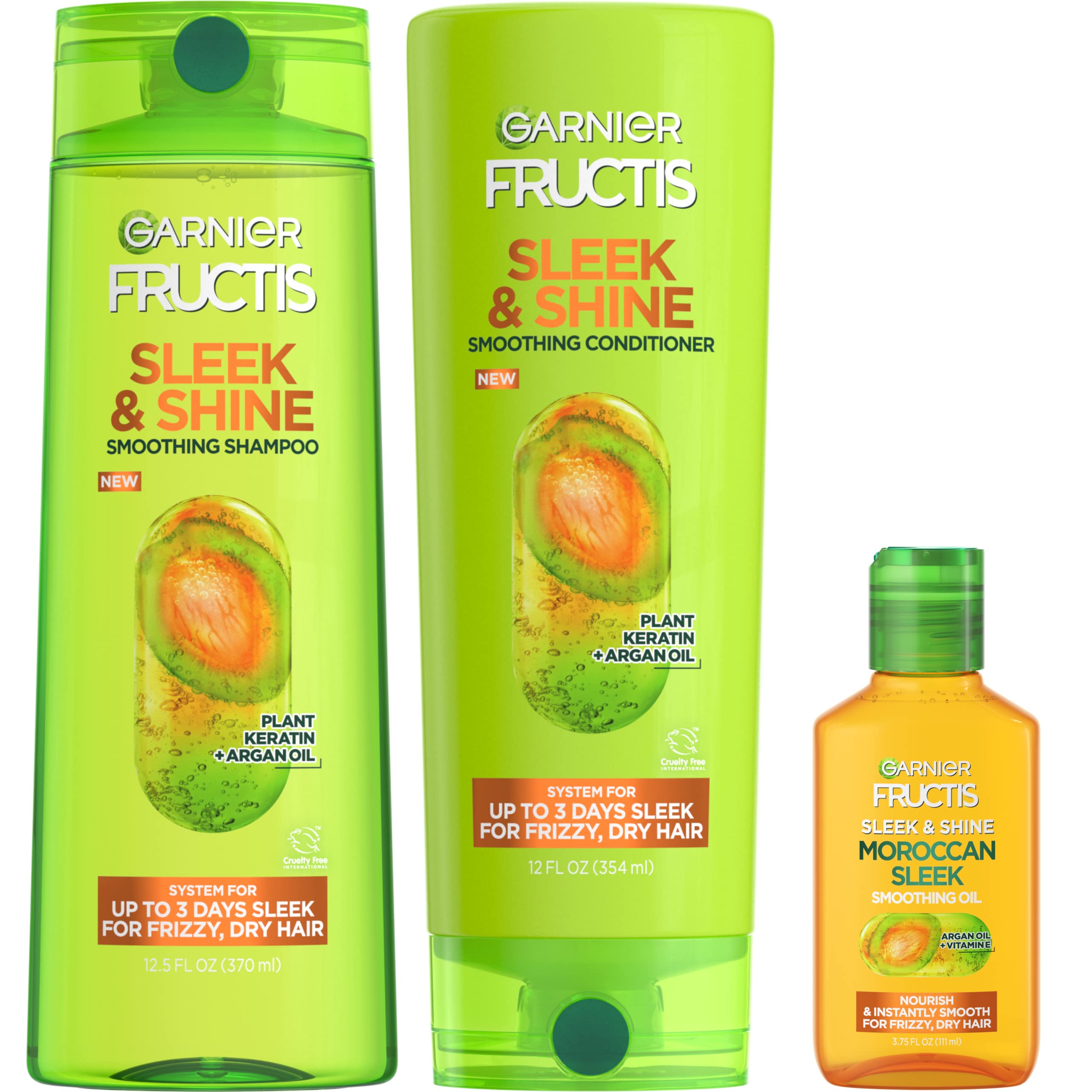 Garnier Fructis Sleek & Shine Shampoo, Conditioner + Moroccan Sleek Oil Set for Frizzy, Dry Hair, Argan Oil (3 Items), 1 Kit (Pa