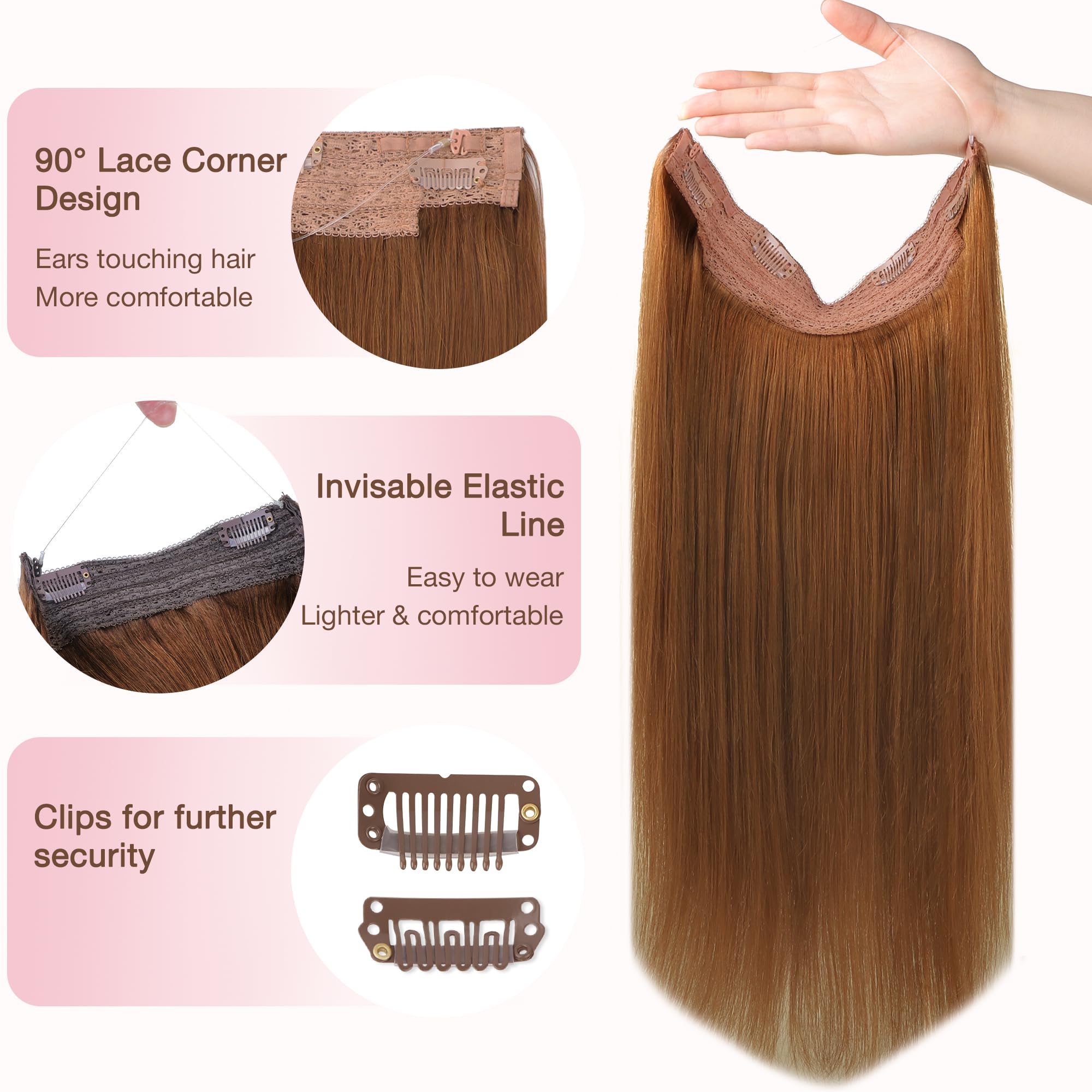 Goo Goo Wire Hair Extensions Human Hair, 350 Copper Natural 18Inch 95G, Invisible Wire Hair Extensions With Transparent, Seamles