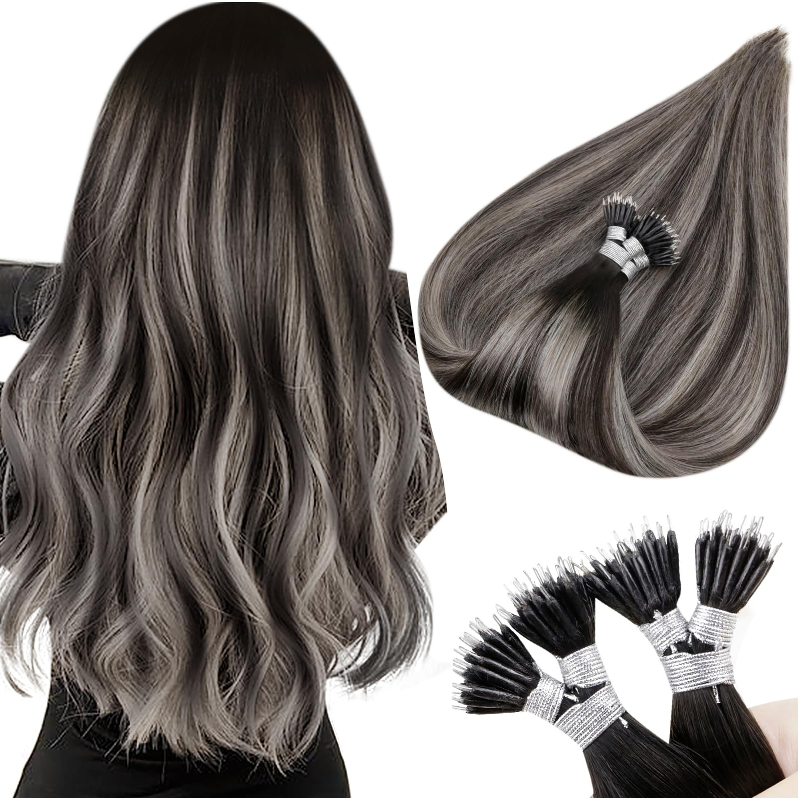 Hetto Balayage Nano Beads Hair Extensions Human Hair Natural Black to Silver Gray with Black Nano Tip Human Hair Extensions Stra
