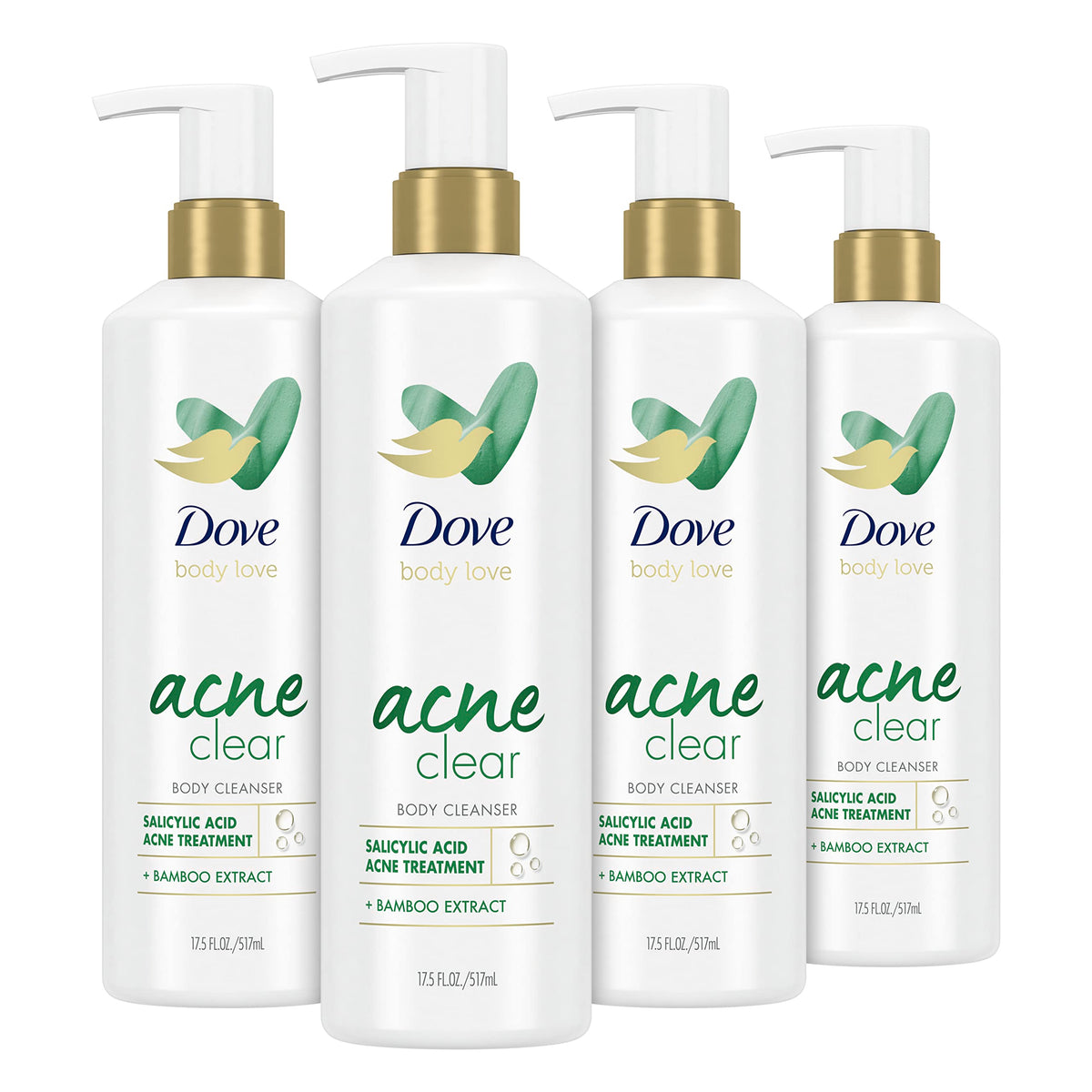 Dove Body Love Body Cleanser Acne Clear 4 Count For Acne-Prone Skin Body Wash with Salicylic Acid and Bamboo Extract 17.5 fl oz