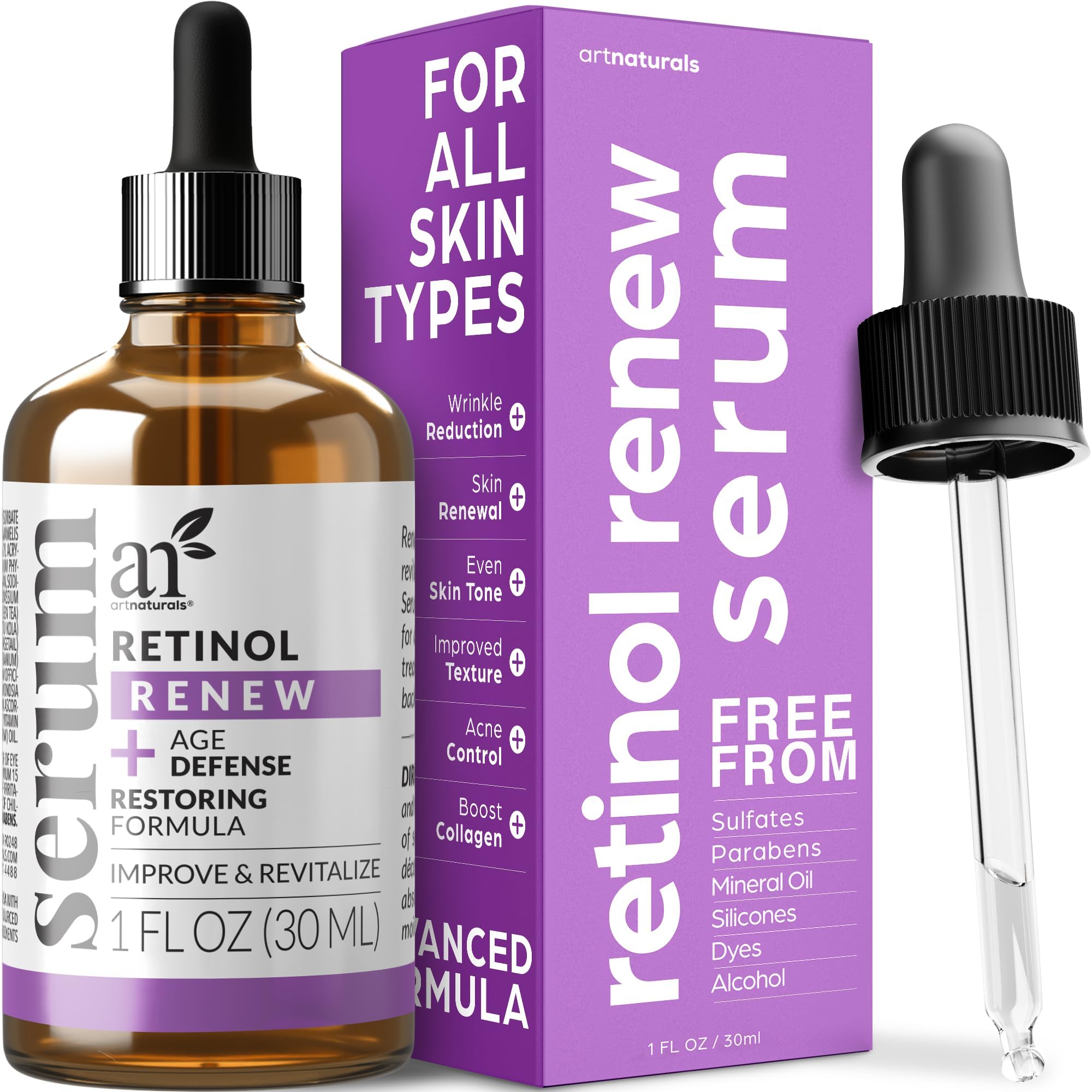ArtNaturals Retinol Serum for Face - with Vitamin C, 2.5% Retinol Oil & Hyaluronic-Acid - Skin Clearing - Anti-Aging, Anti-Wrink