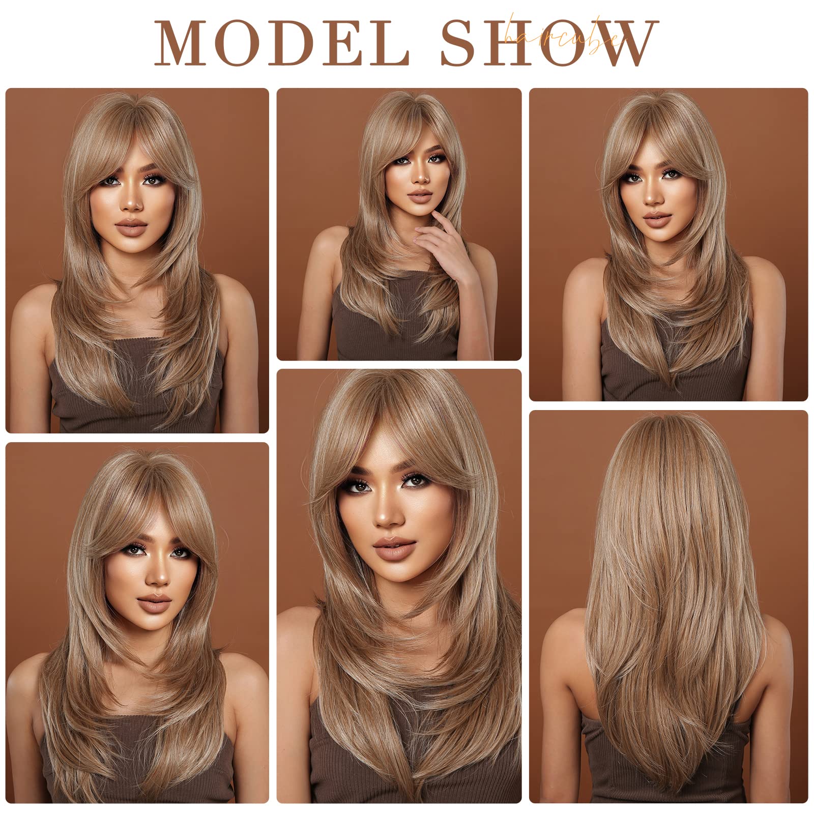 HAIRCUBE Blonde Wigs for Women,Long Layered Wigs with Bangs Heat Resistant Synthetic Fibre Wigs(pelucas de cabello natural)