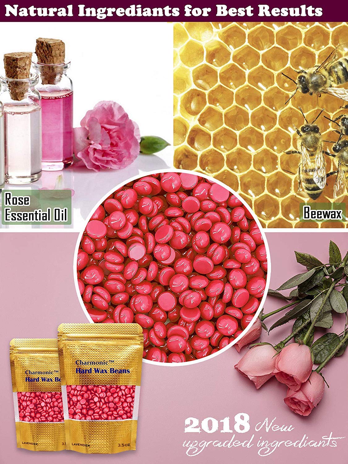 Charmonic Depilatory Wax, 17.5 Oz Hard Body Wax Beans For Women Men, Hair Removal European Beads 500G/1.1 Lb (Rose)