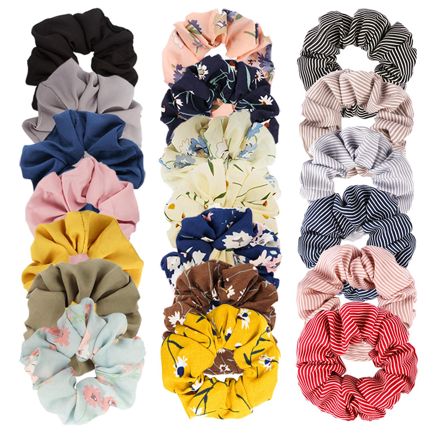 Velscrun 20 Pcs Floral Plaid Solid Color Scrunchies, Scrunchies for Girls Women with Chiffon, Hair Scrunchies for Women's Hair E
