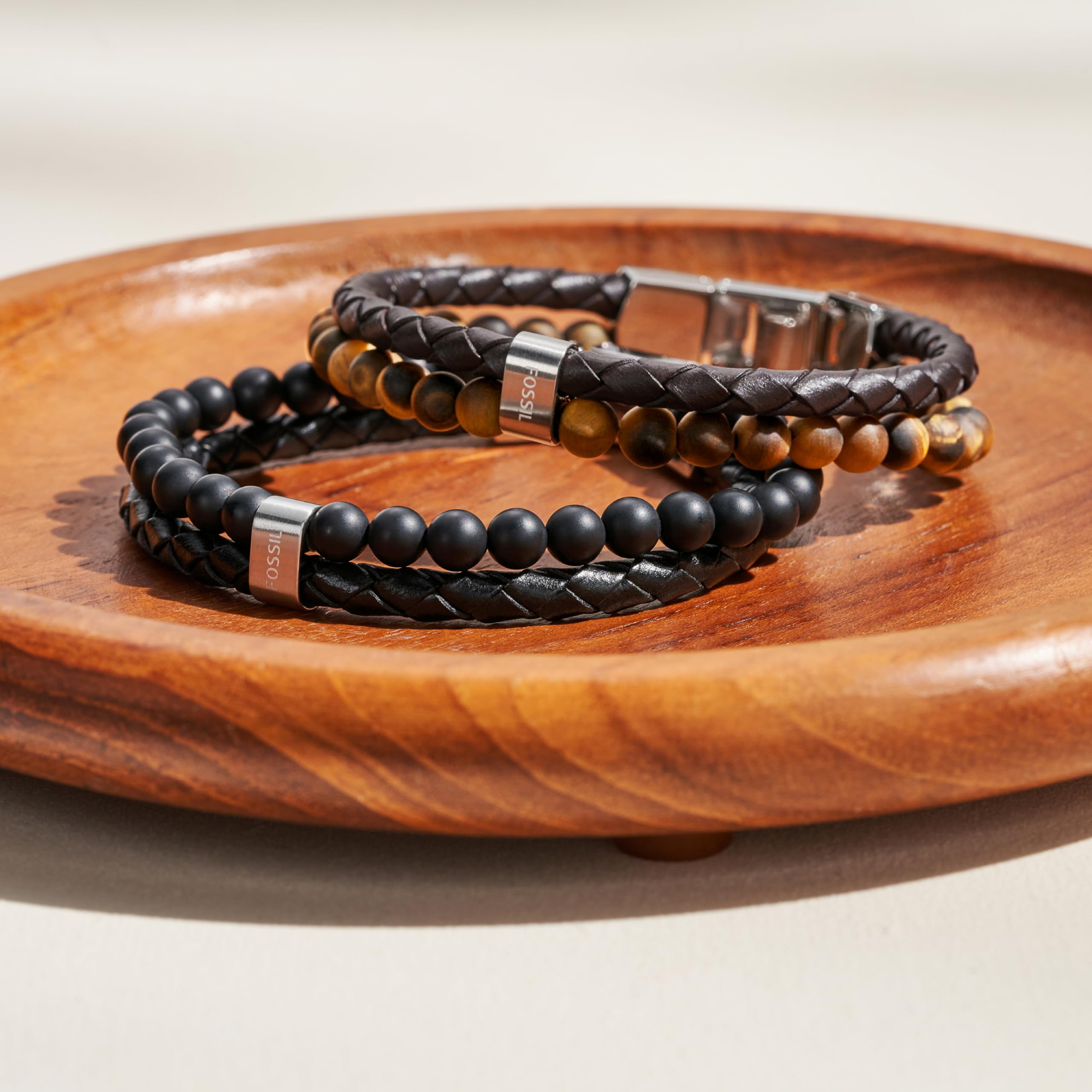 Fossil Men's Leather and Beaded Bracelet, Color: Black (Model: JF02763040)