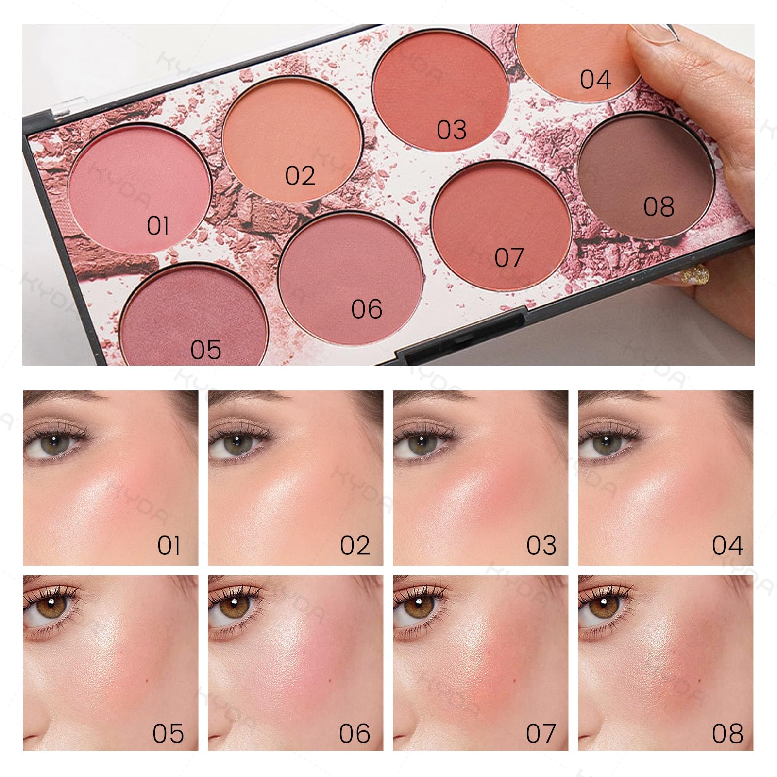 KYDA 8 Colors Face Blush Palette, Natural Matte Blush Palette, Smooth Blendable Powder Blush, Multiuse Makeup Palette, by Ownest