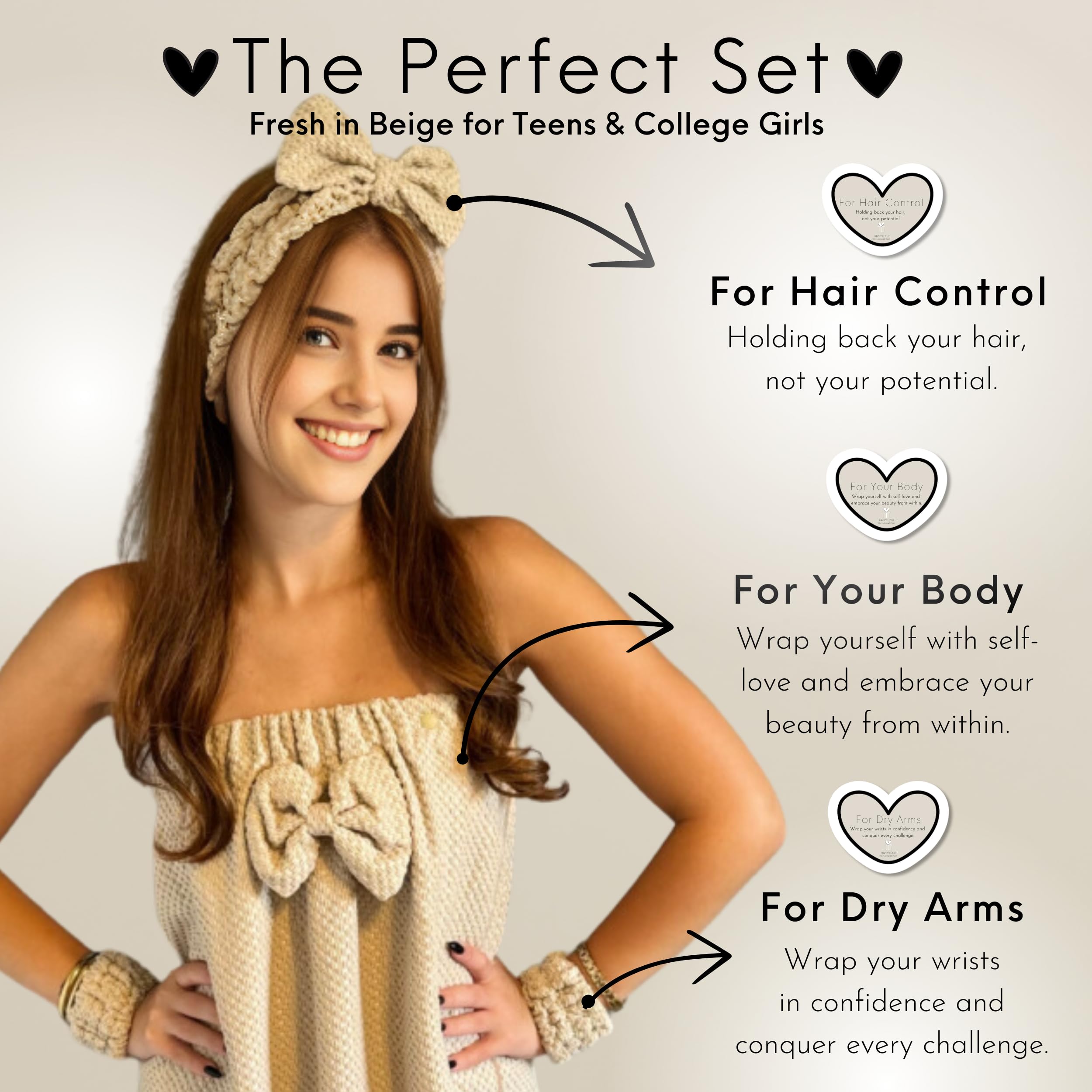 Happy Lolli Power Shower Set: Luxury Bath Accessories For Women & Girls - Includes Body & Hair Towel, Wrist Bands, Headband, Fac