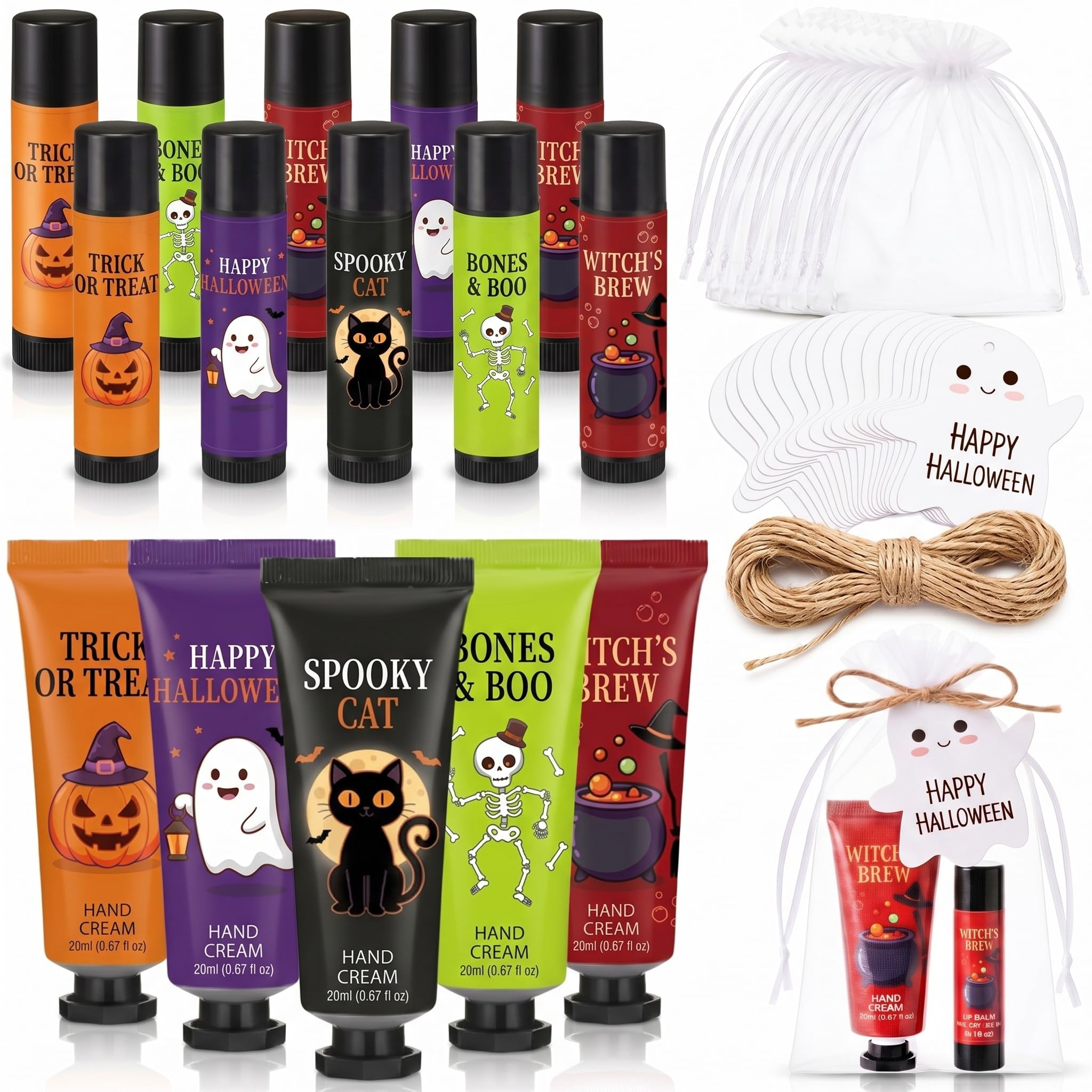 Batiyeer 10 Halloween Cute Hand Cream and Lip Balm Set for Women with Ghost Card and Organza Bags Bulk Hand Lotion for Halloween