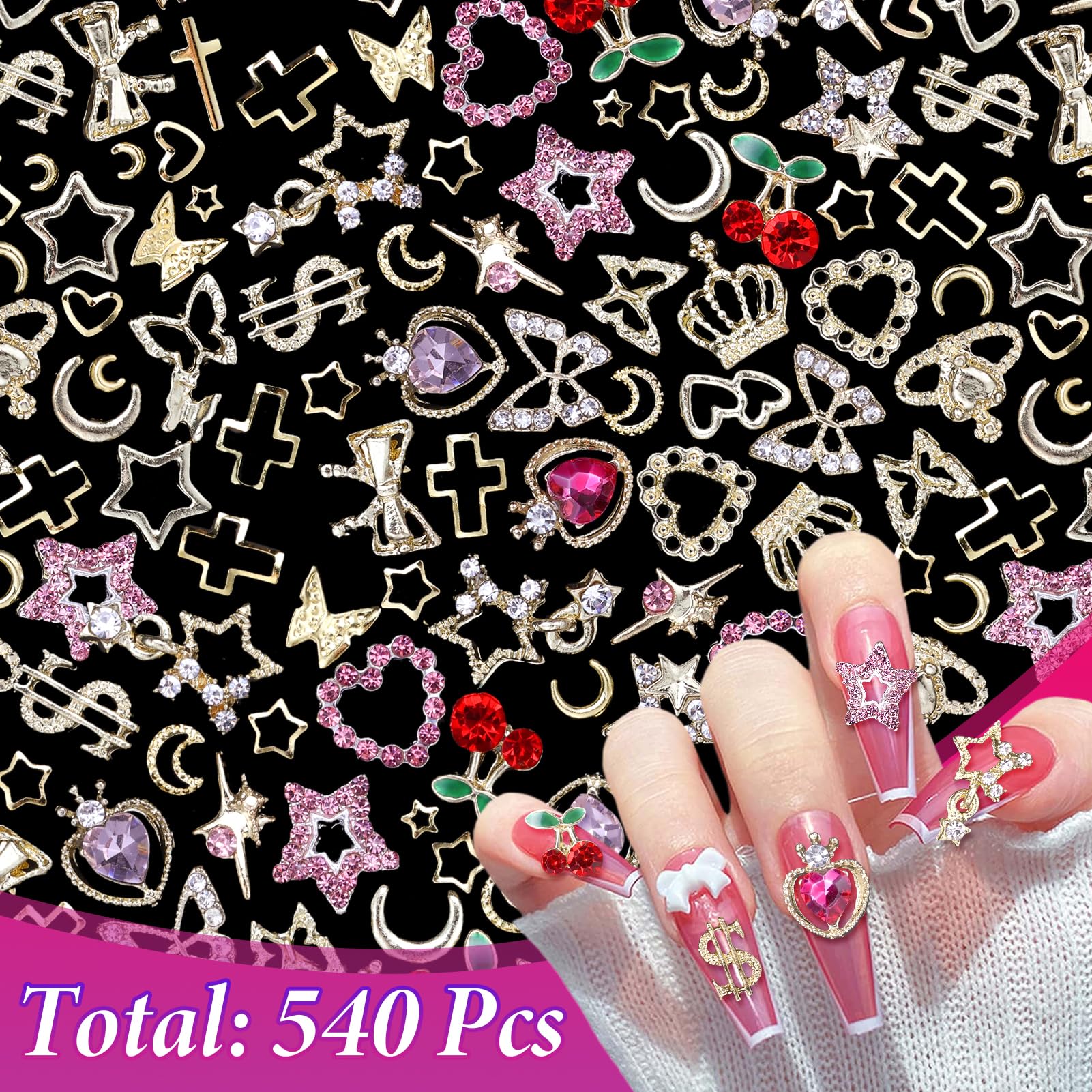 540 Pcs Gold Nail Charms Gems, 40 Pcs Heart Star Cherry Nail Rhinestones And Charms, Multi Shapes Gold Cross Moon Metal Rivet Na