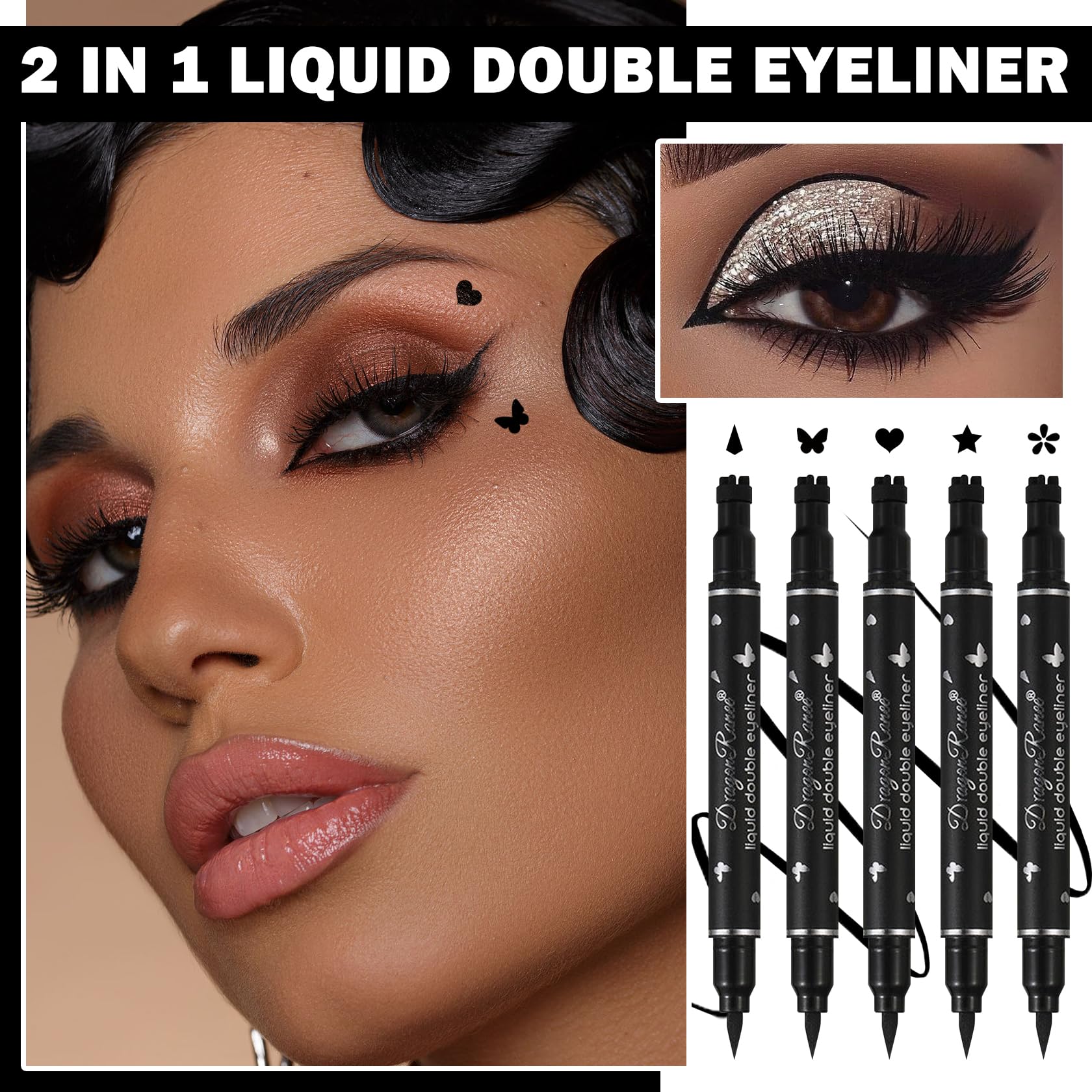 Duozeng 5 Pcs Black Liquid Winged Eyeliner Stamp Pen Makeup Tools,Double-Side Eyeliner Stamps Pencil Set,Waterproof & Long Lasti
