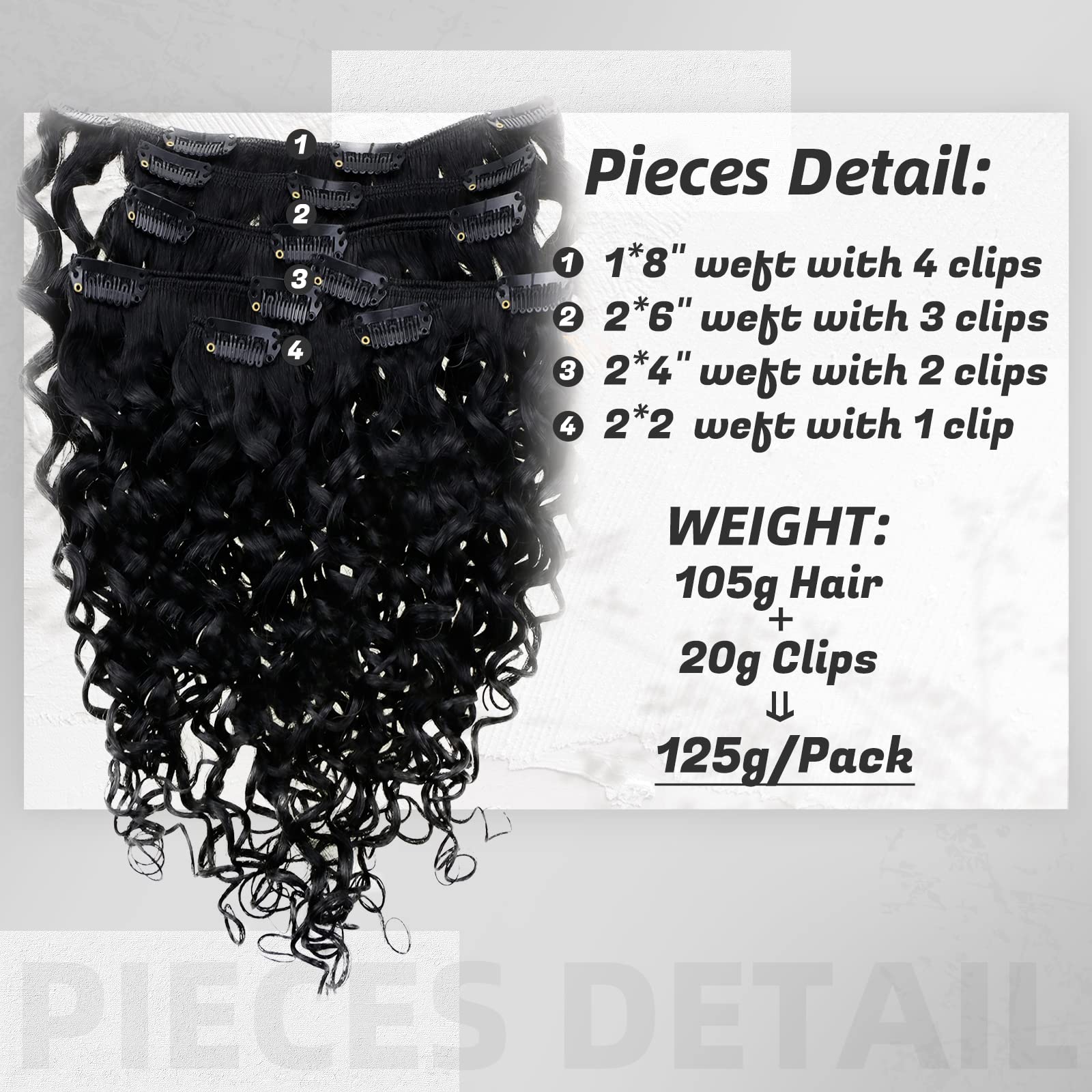 Hetto Clip in Black Curly Hair Extensions Human Hair #1 Jet Black Clip in Hair Extensions Remy Human Hair Natural Wavy Clip on R