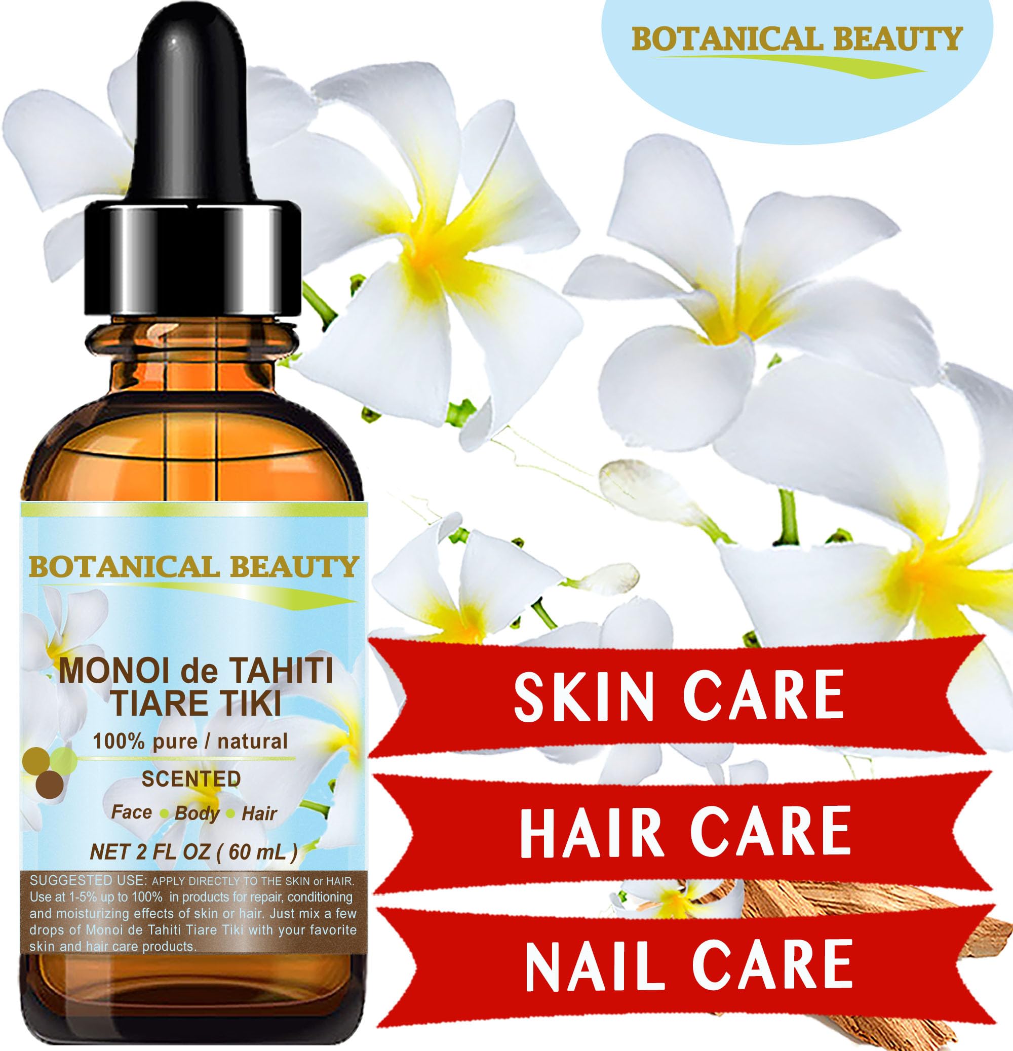 Botanical Beauty MONOI de TAHITI OIL TIARE TIKI 100% Pure Natural Undiluted Virgin 1 Fl. Oz.- 30 ml for FACE, SKIN, BODY, HAIR,
