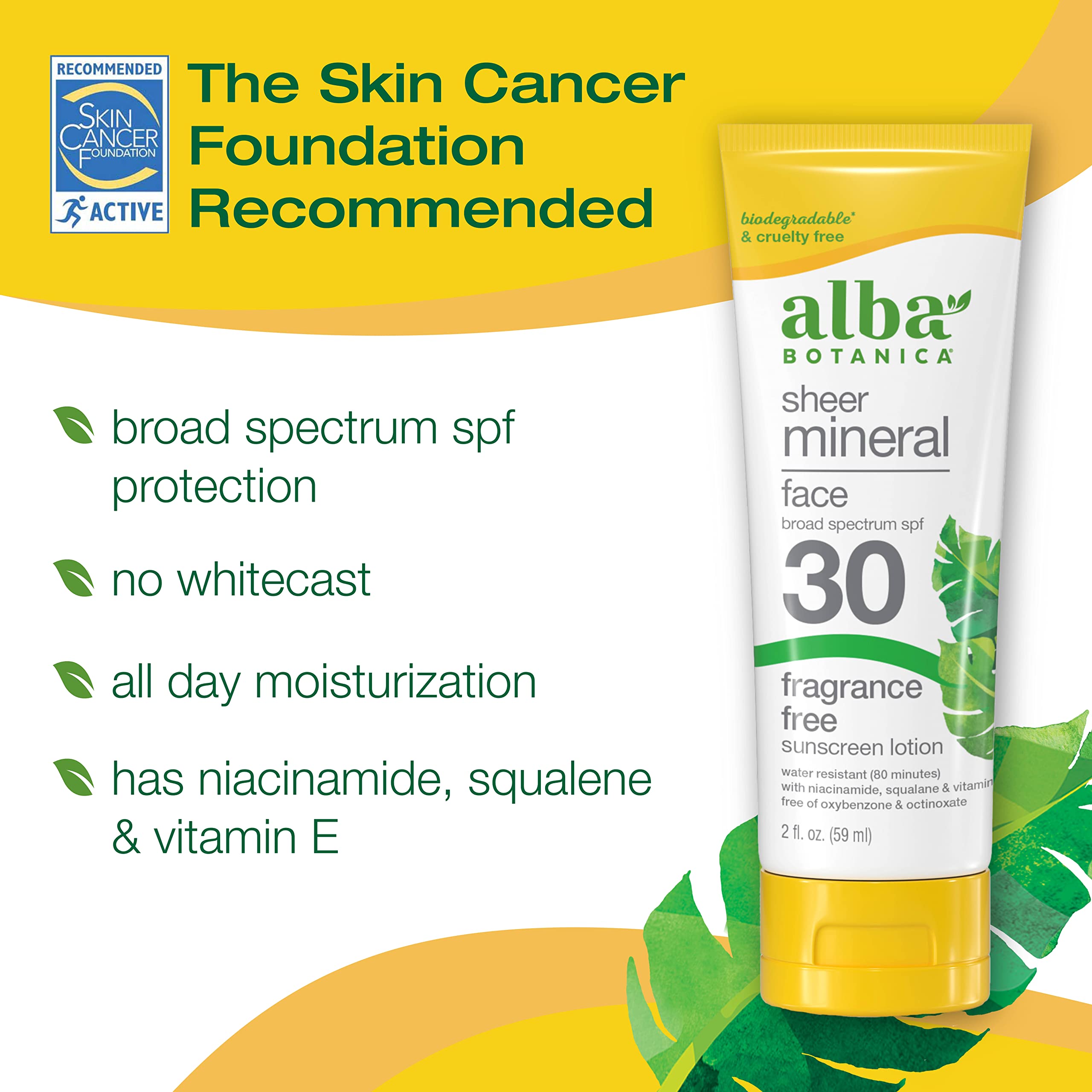 Alba Botanica Sunscreen For Face, Fragrance-Free Sheer Mineral Face Sunscreen Lotion, Broad Spectrum Spf 30, Water Resistant And