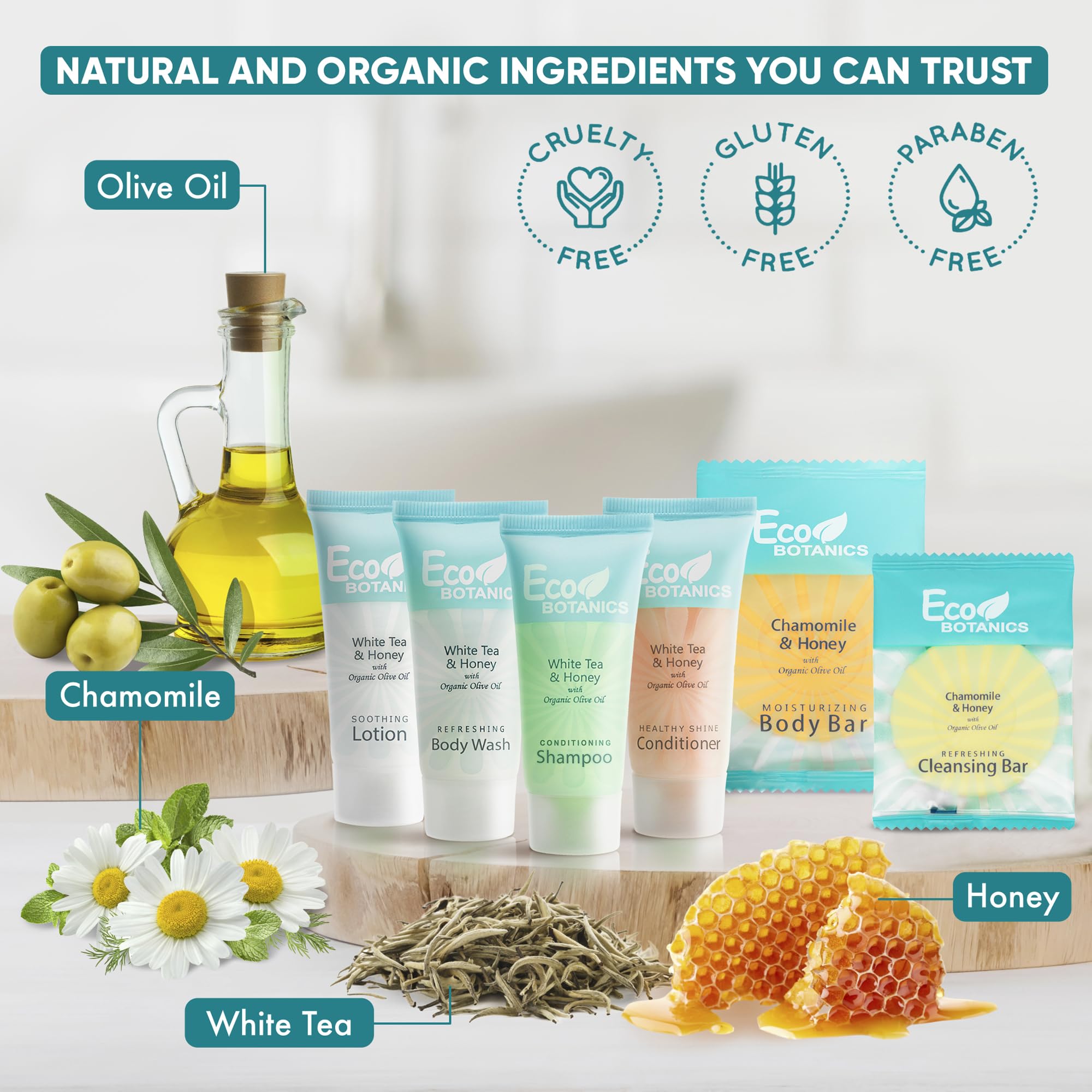 Eco Botanics Amenity Kit | Boxed Hotel Toiletries | Bulk Set .85 Oz Travel Size Shampoo, Conditioner, Lotion, Body Wash & Body B