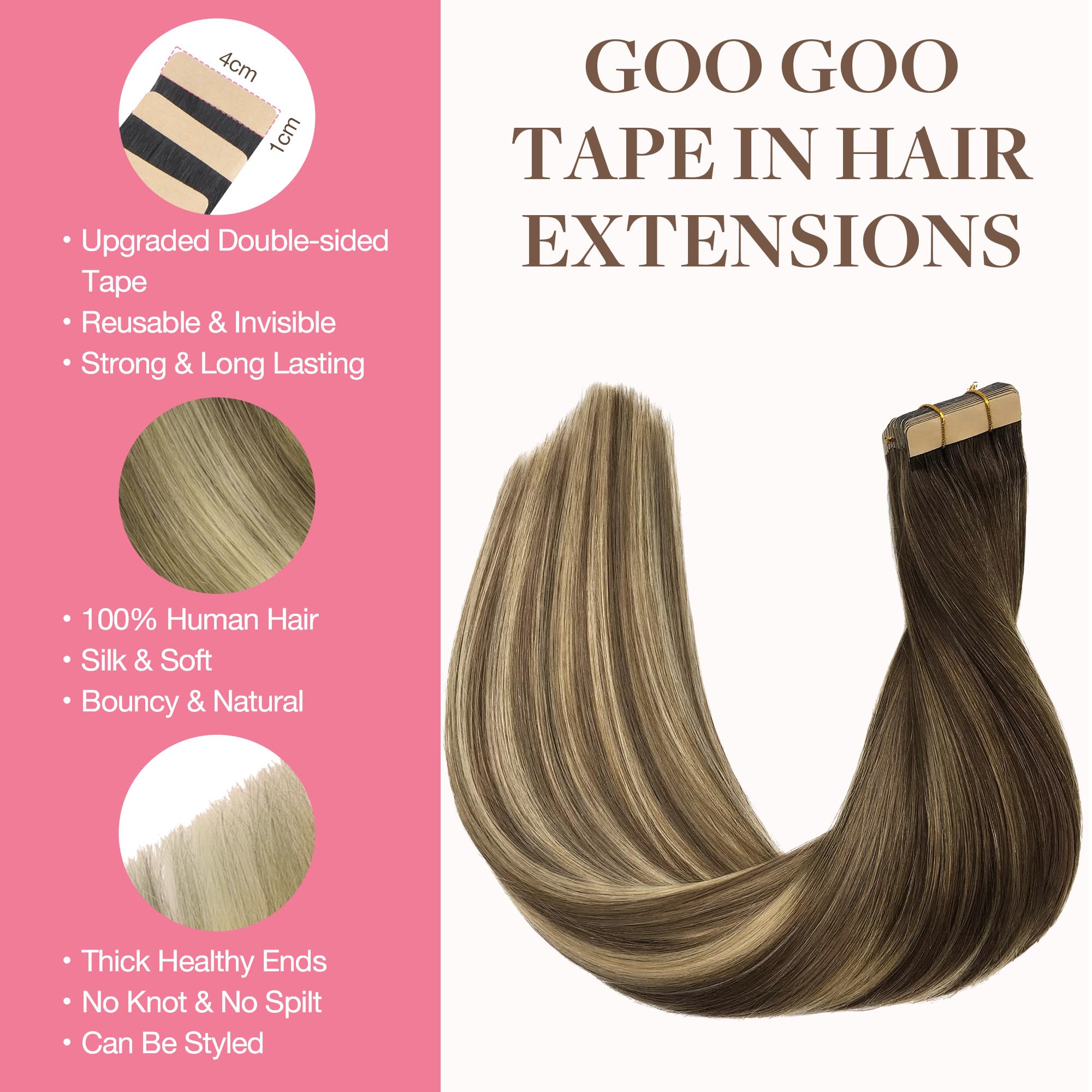 Goo Goo Tape In Hair Extensions Human Hair, 3/8/613 Balayage Walnut Brown To Ash Brown And Blonde, 20Inch 30G 10Pcs, Thick Ends