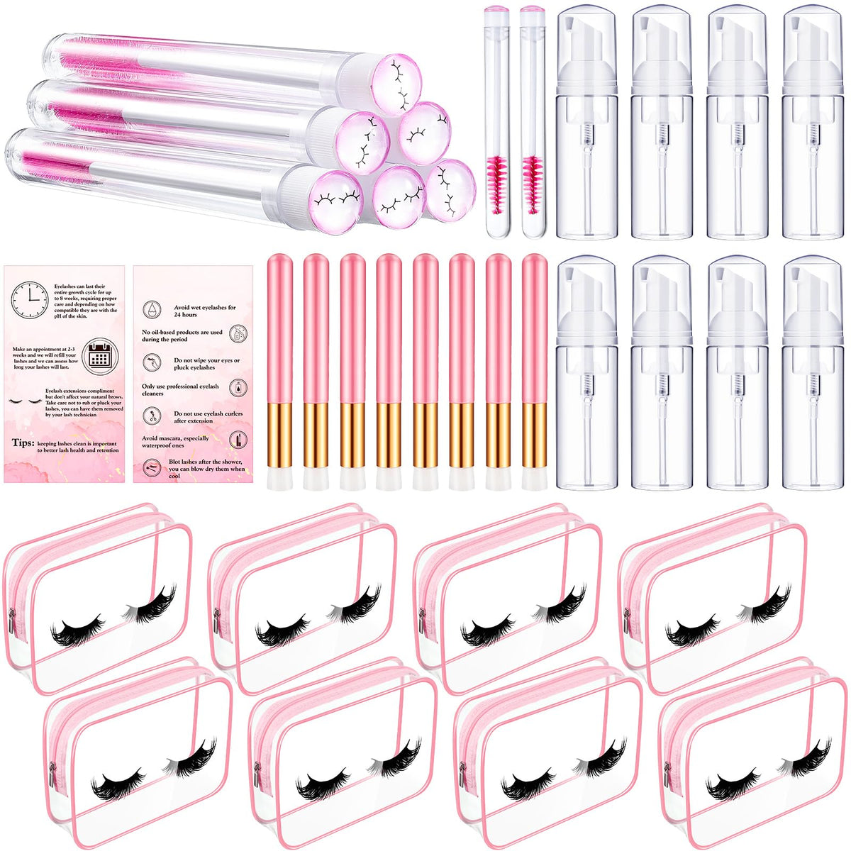 8 Pcs Lash Shampoo Brushes Set Eyelash Aftercare Bag Disposable Mascara Tubes Foam Pump Bottle Extension Aftercare Instructions
