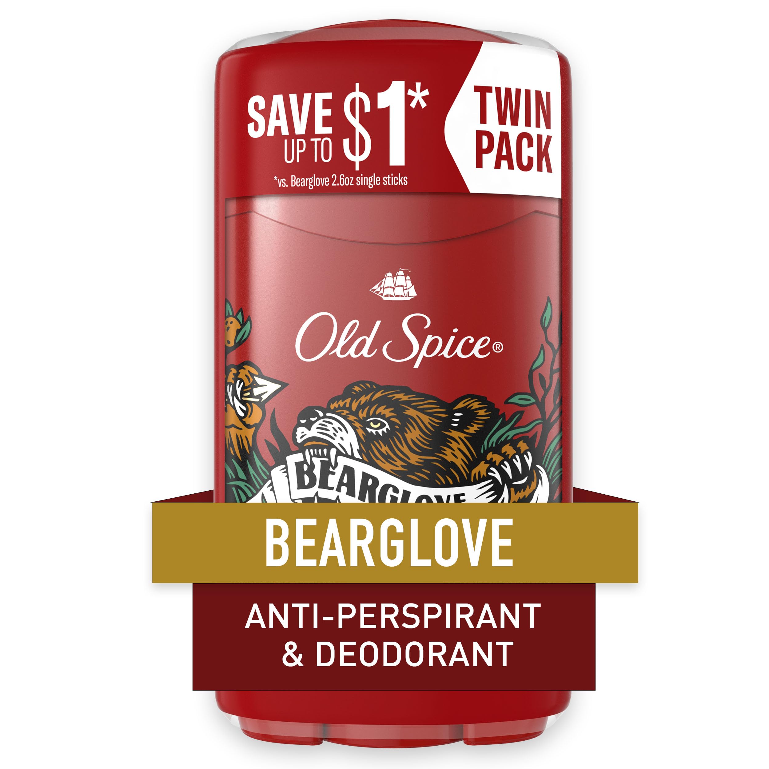 Old Spice Antiperspirant And Deodorant For Men, 24/7 Sweat And Odor Protection, Bearglove Scent, Invisible Solid Stick, Twin Pac