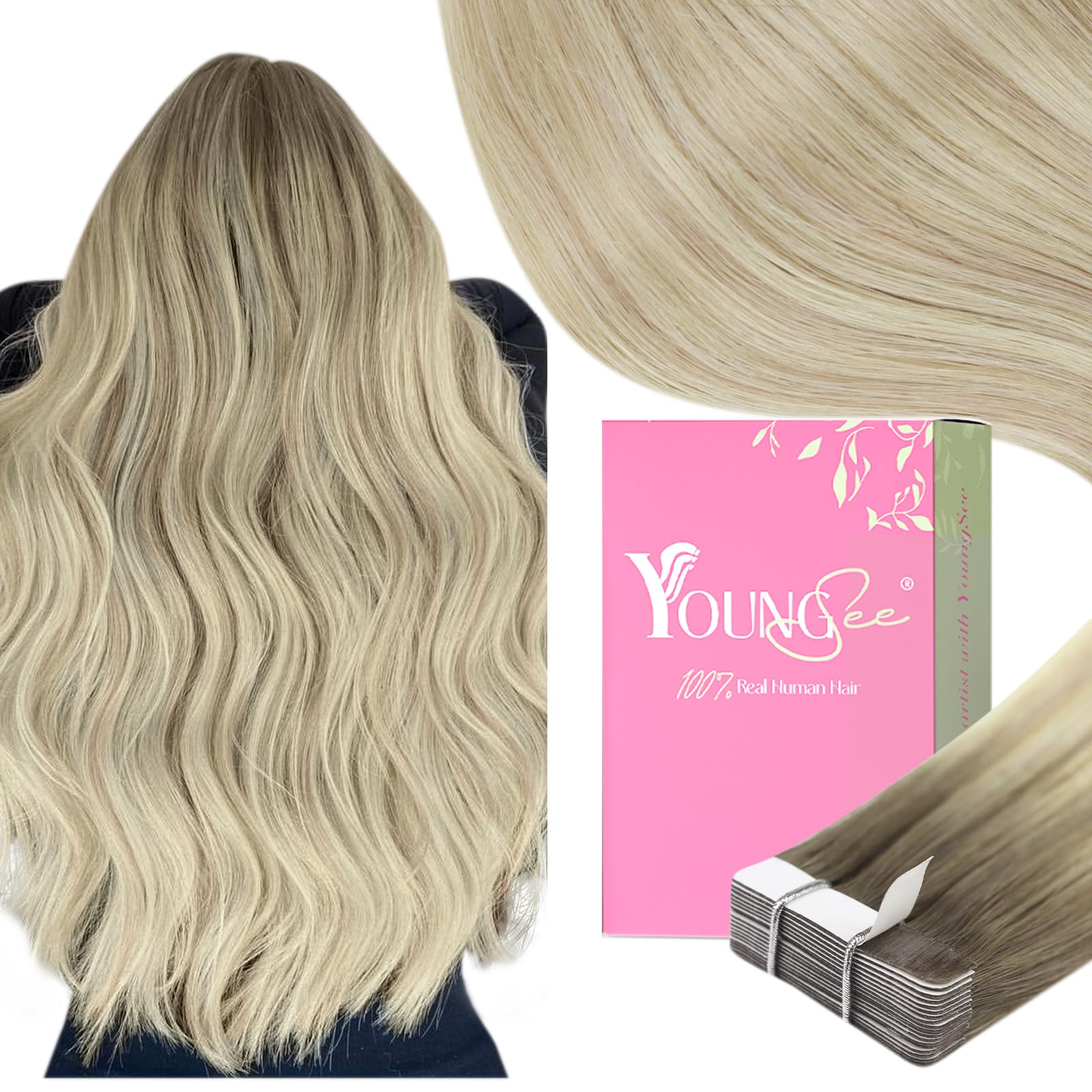 YoungSee Tape on Hair Extensions Balayage Ash Blonde Ombre Platinum Blonde Tape in Hair Extensions Real Human Hair Balayage Tape