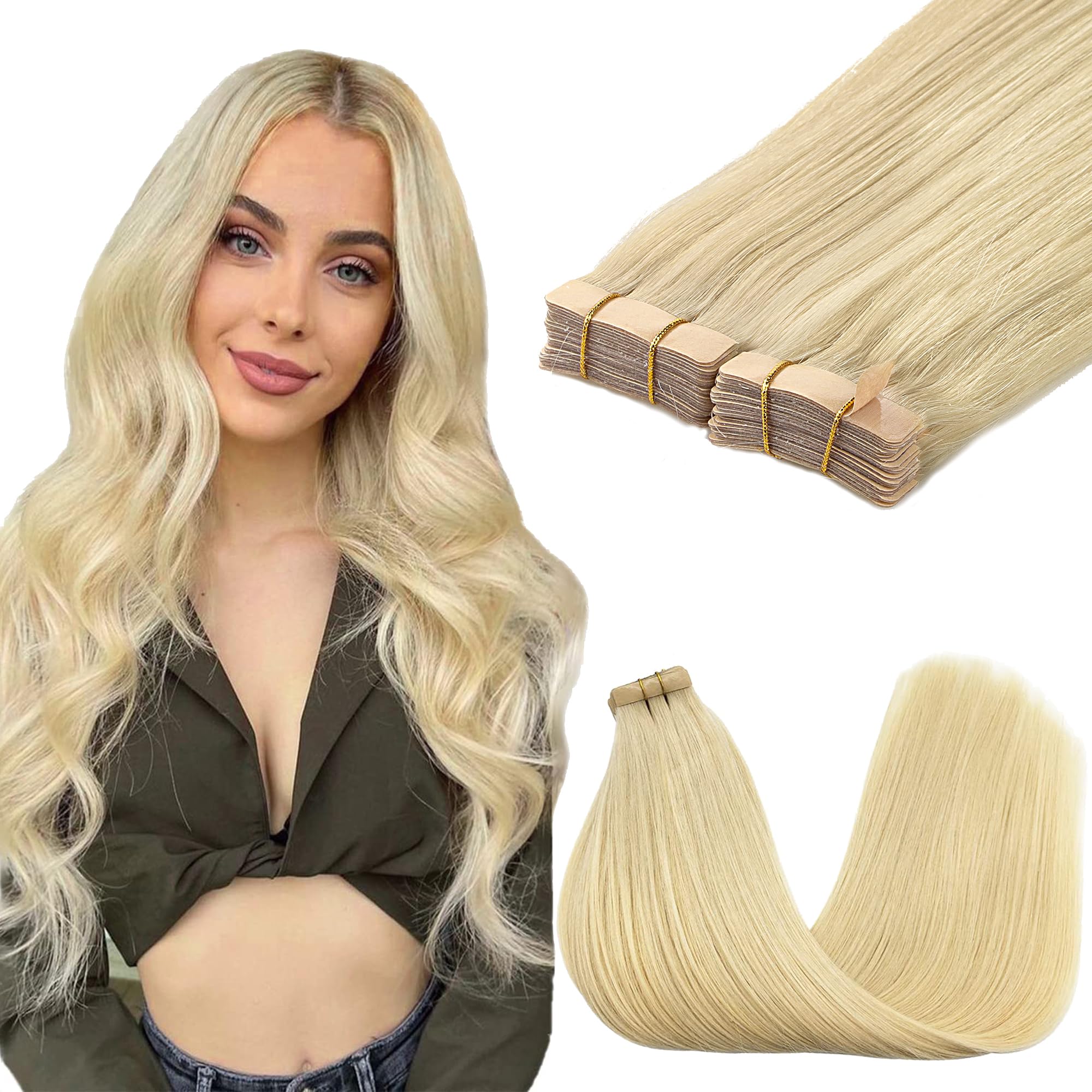 Goo Goo Tape In Hair Extensions Human Hair, 613R Bleach Blonde, 14Inch 100G 40Pcs, Thick Ends Straight Seamless Tape In, Invisib