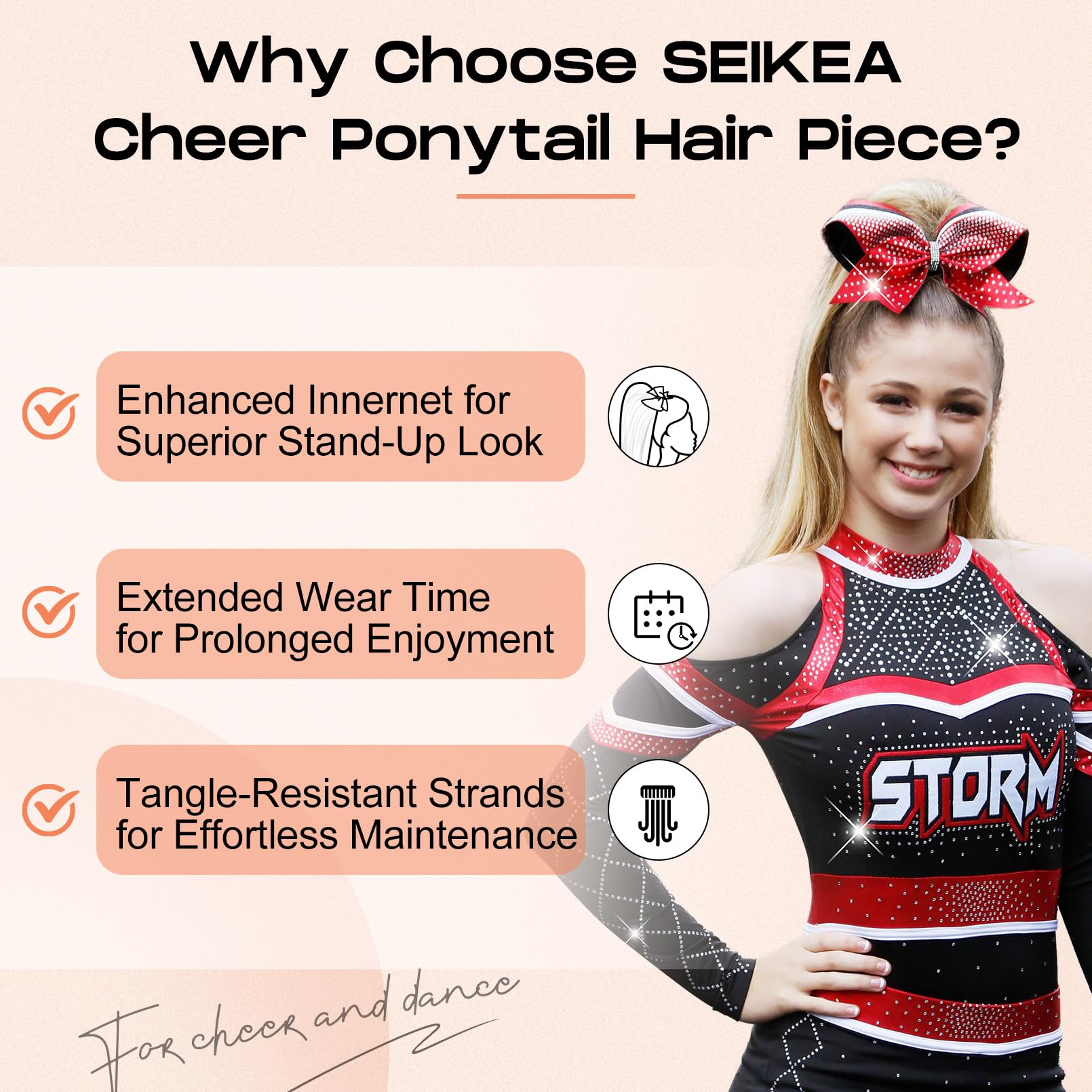 Seikea Cheer Ponytail Hair Piece, 10'' Straight Tangle-Resistant Smooth Natural Cheerleader Hairpiece Ponytail Extension For Che