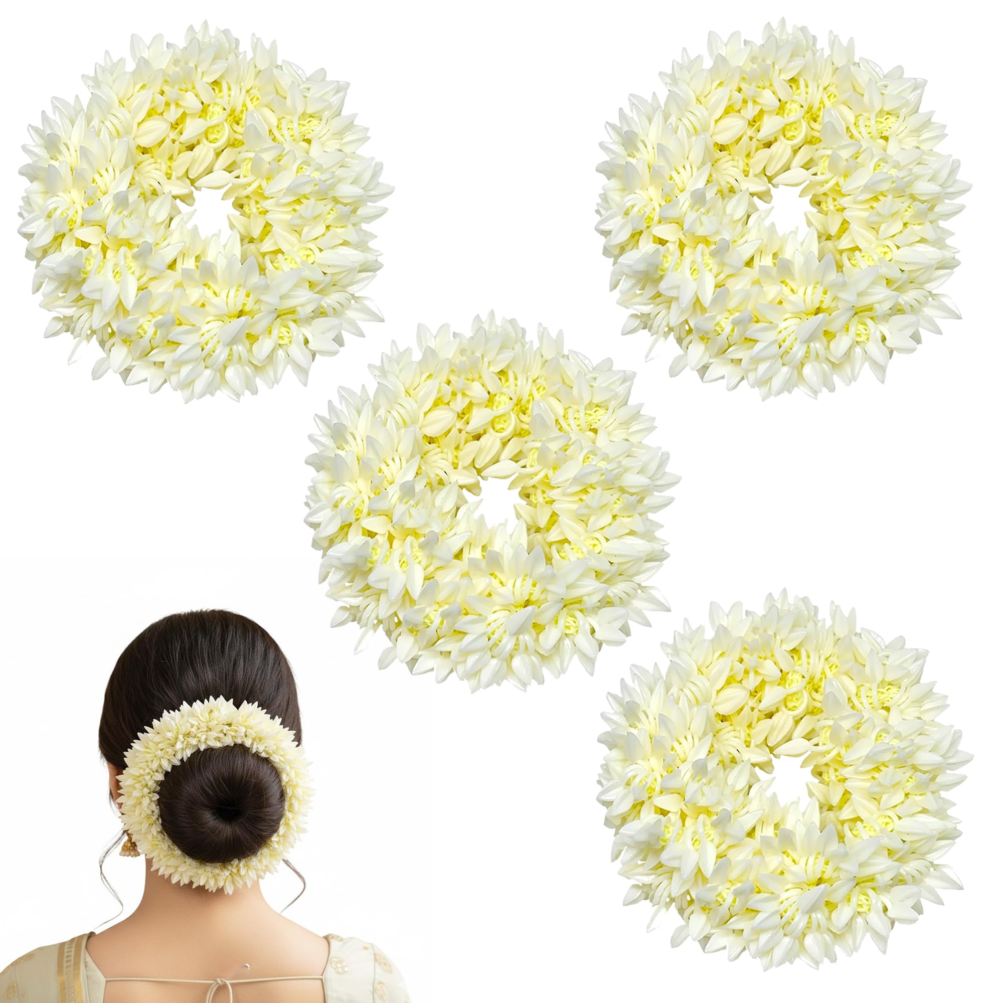 Glun Jasmine Flower Gajra For Hair Bun, Pack Of 4 White Colour, Juda Hair Accessories For Women, Artificial Mogra Band