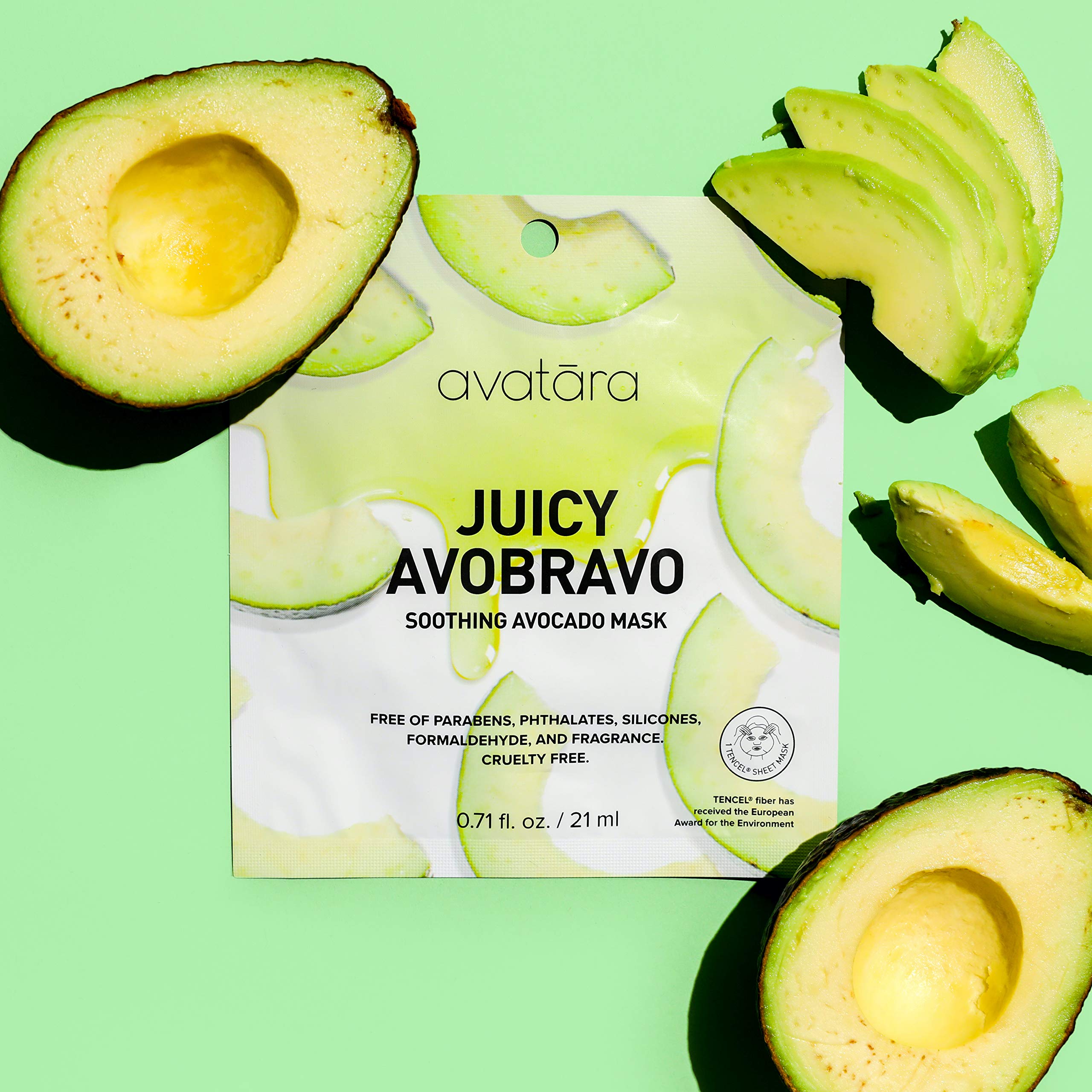 Avatara Juicy Avobravo Soothing Facial Mask 15 Sheets, Beauty And Skincare Sheet Masks, Avocado Extracts And Clean, Natural Ingr