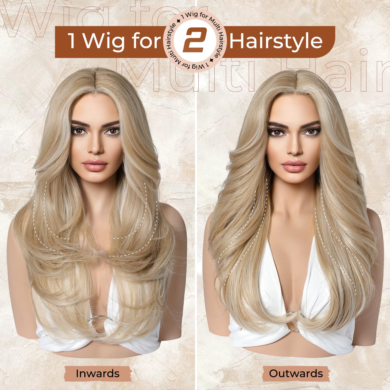 Lonai Blonde Wigs For Women 24'' Long Natural Blonde Middle Part Layered Wig Synthetic Hair Wig For Daily Use Party Cosplay