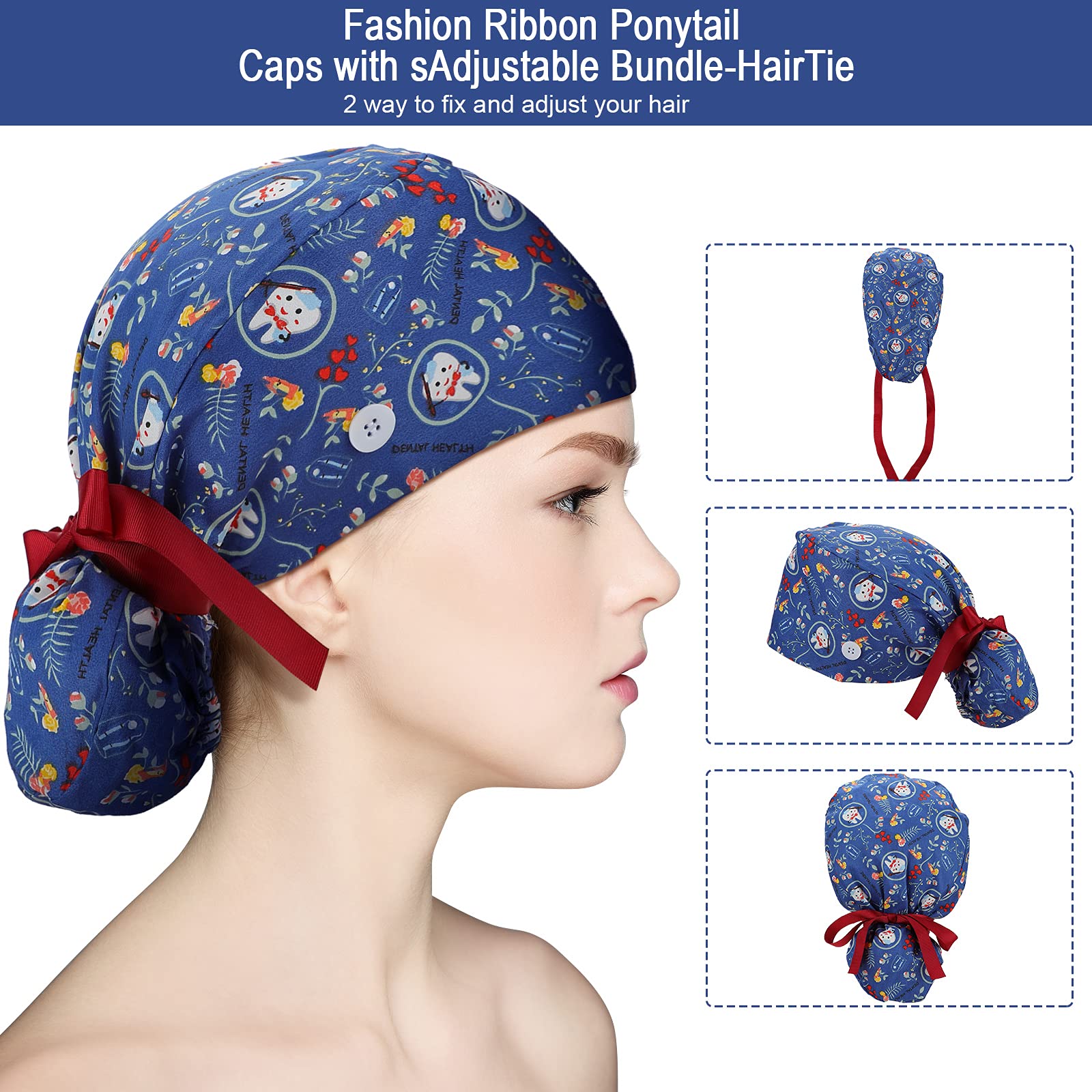 8 Pieces Scrub Caps With Buttons Bouffant Hats With Sweatband Adjustable Ponytail Holder For Women (Classic Pattern)